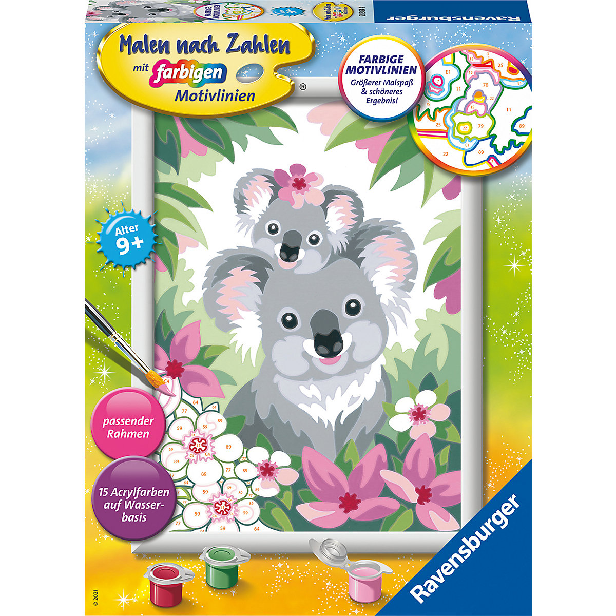 Malen nach Zahlen , 18x24 cm, mit farbigen Motivlinien, Süße Koalas