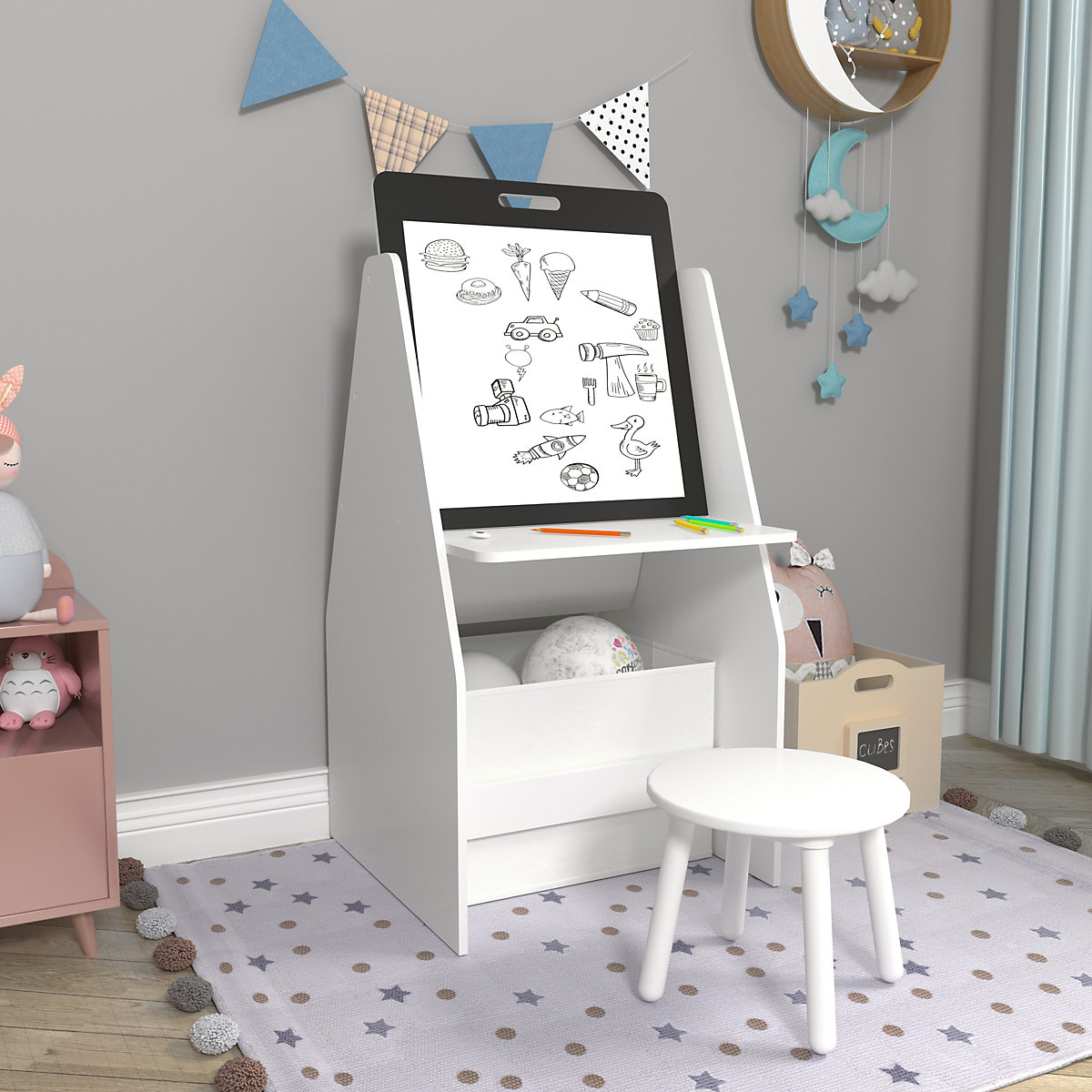 Kindertisch mit Maltafel Ferrol Kinderarbeitstisch mit Hocker 88x51x49 cm Weiß