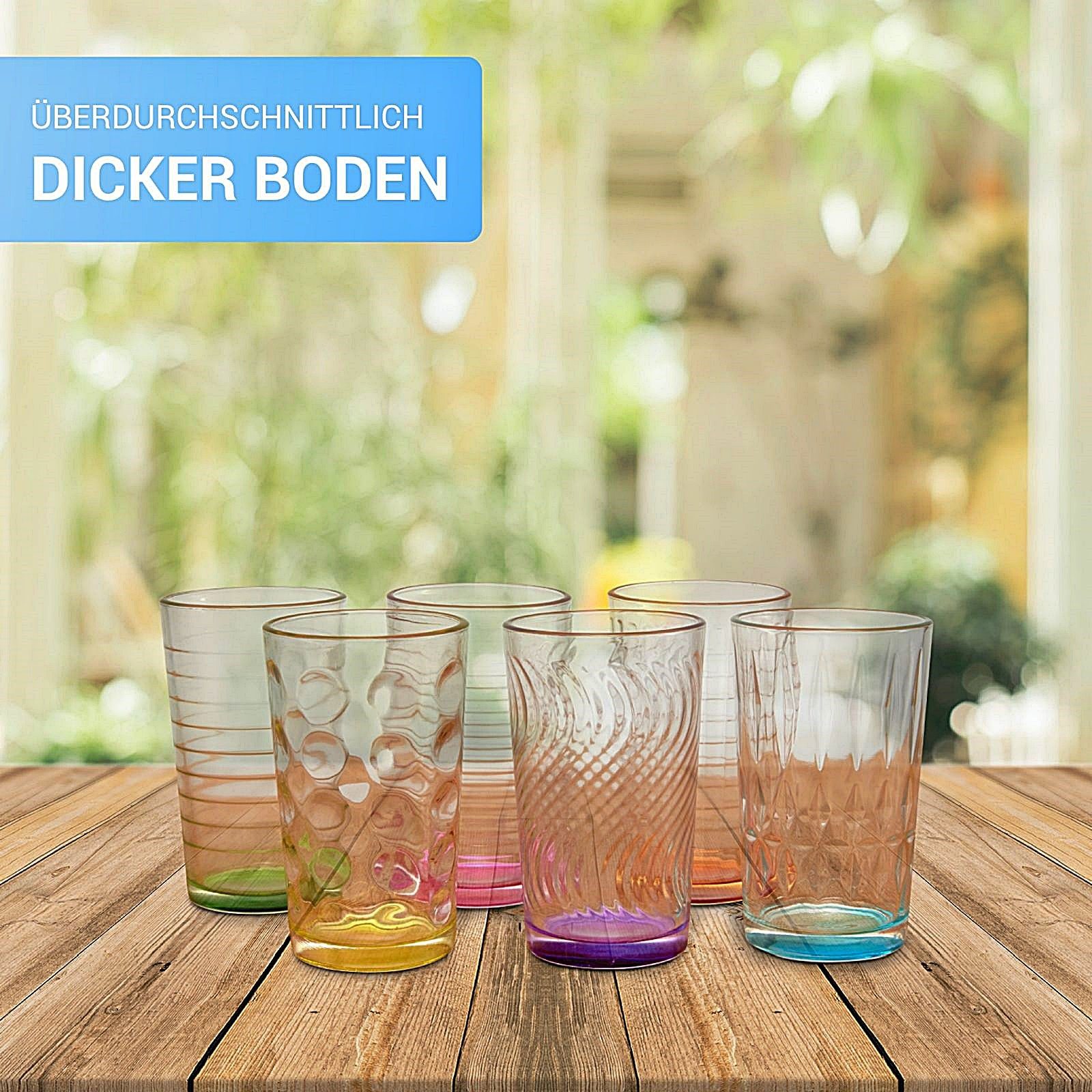 astor24 Gläser-Set 6 x bunte Trinkkgläser Kindergläser Wassergläser, Glas, hochwertig bunte Gläser in PREMIUM Qualität -