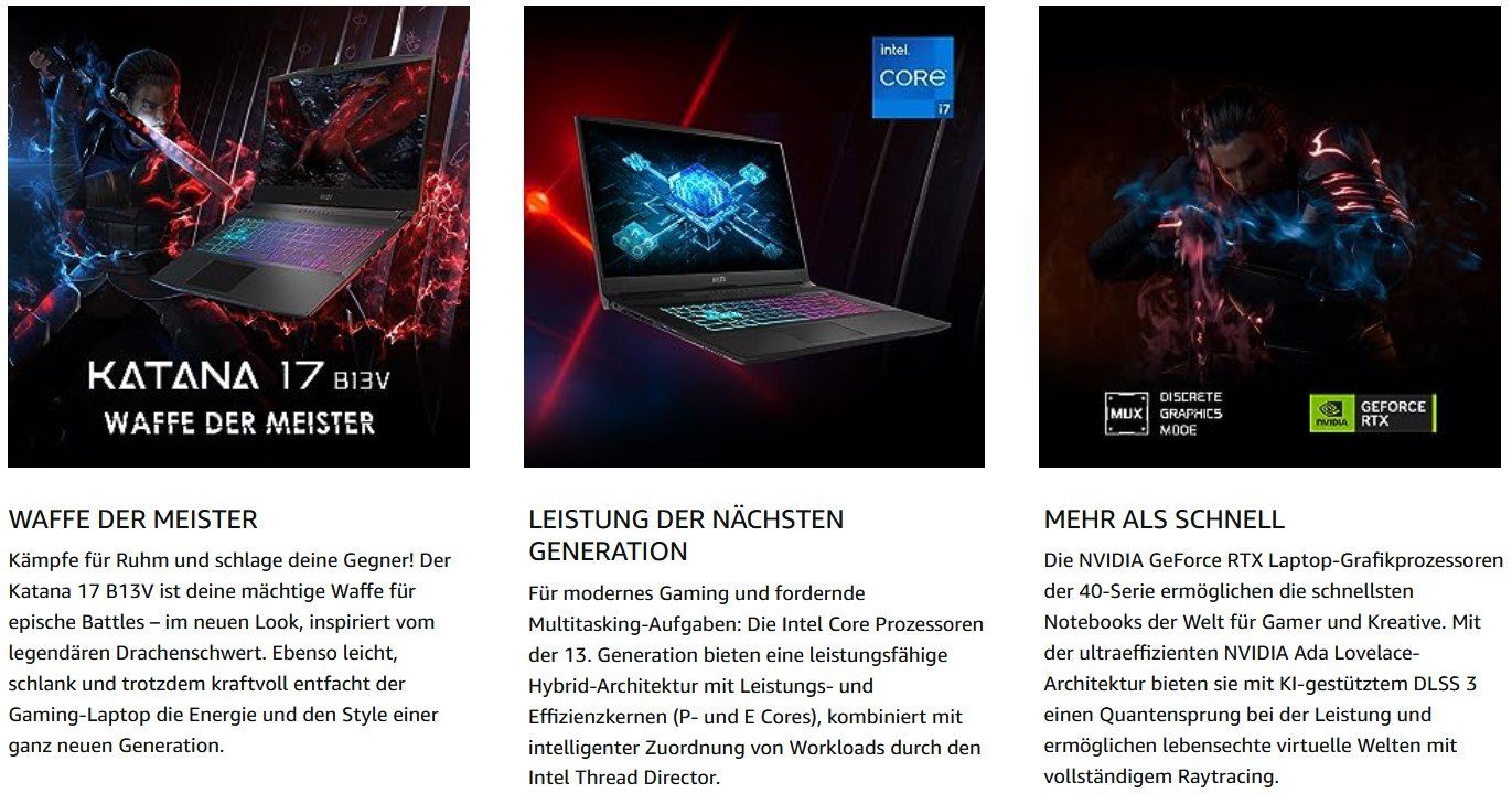 MSI Katana 17 Laptop 17,3 Zoll FHD 144 Hz i9-16 GB RAM 1TB SSD RTX 4070 Gaming-Notebook (43,90 cm/17.3 Zoll, Intel Core i9, RTX 4070, 1000 GB SSD, Laptop Gaming Computer PC Notebook 17 Zoll Business Acer Gamer Zocker)