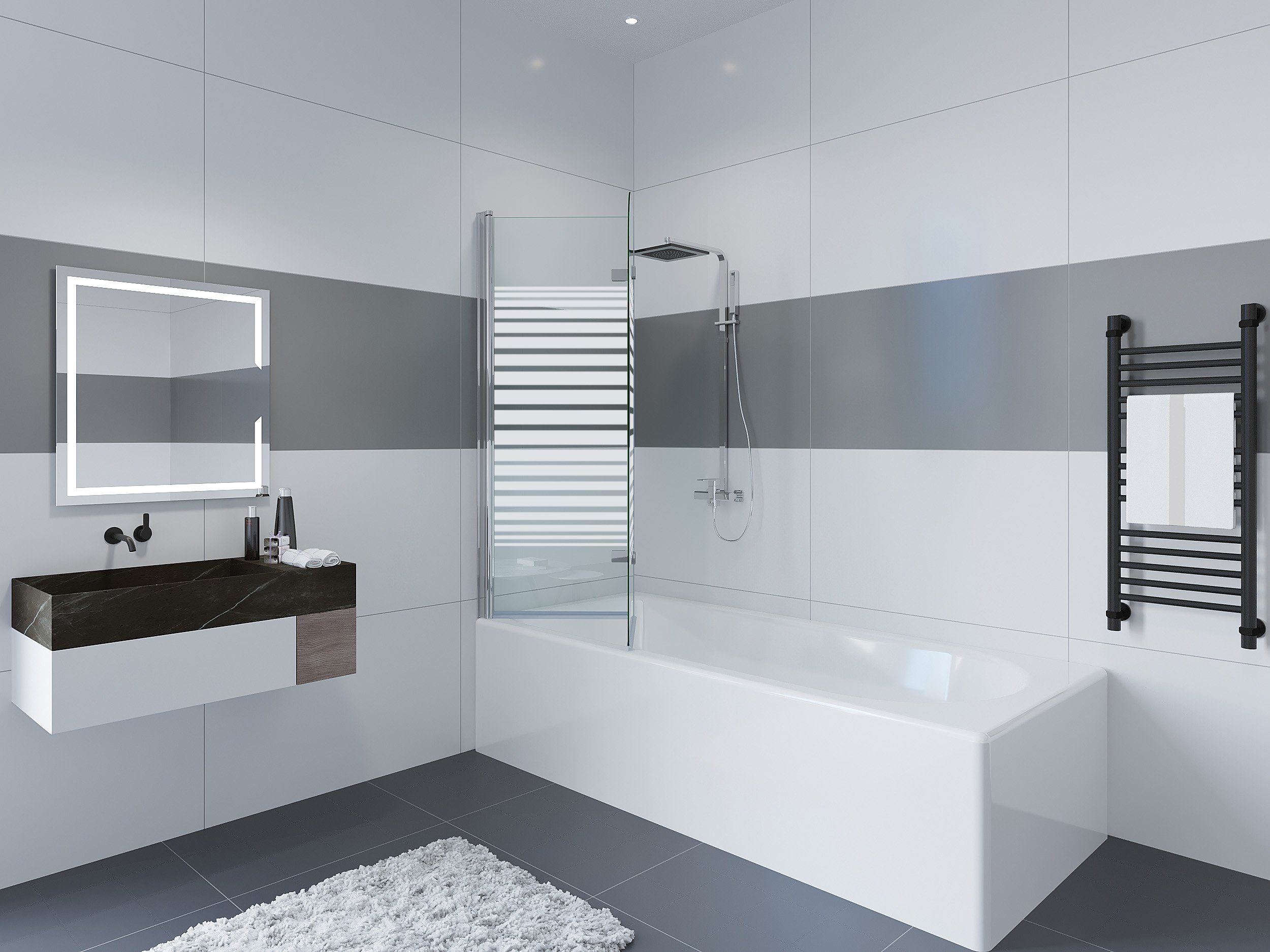 IMPTS Badewannenaufsatz Duschwand für Badewanne, Glas Alu, (2 tlg., 2 TLG), Duschabtrennung für Badewanne, inkl. Nano-Beschichtung Badewannenfaltwand, Dekor Querstreifen, Badewannenaufsatz