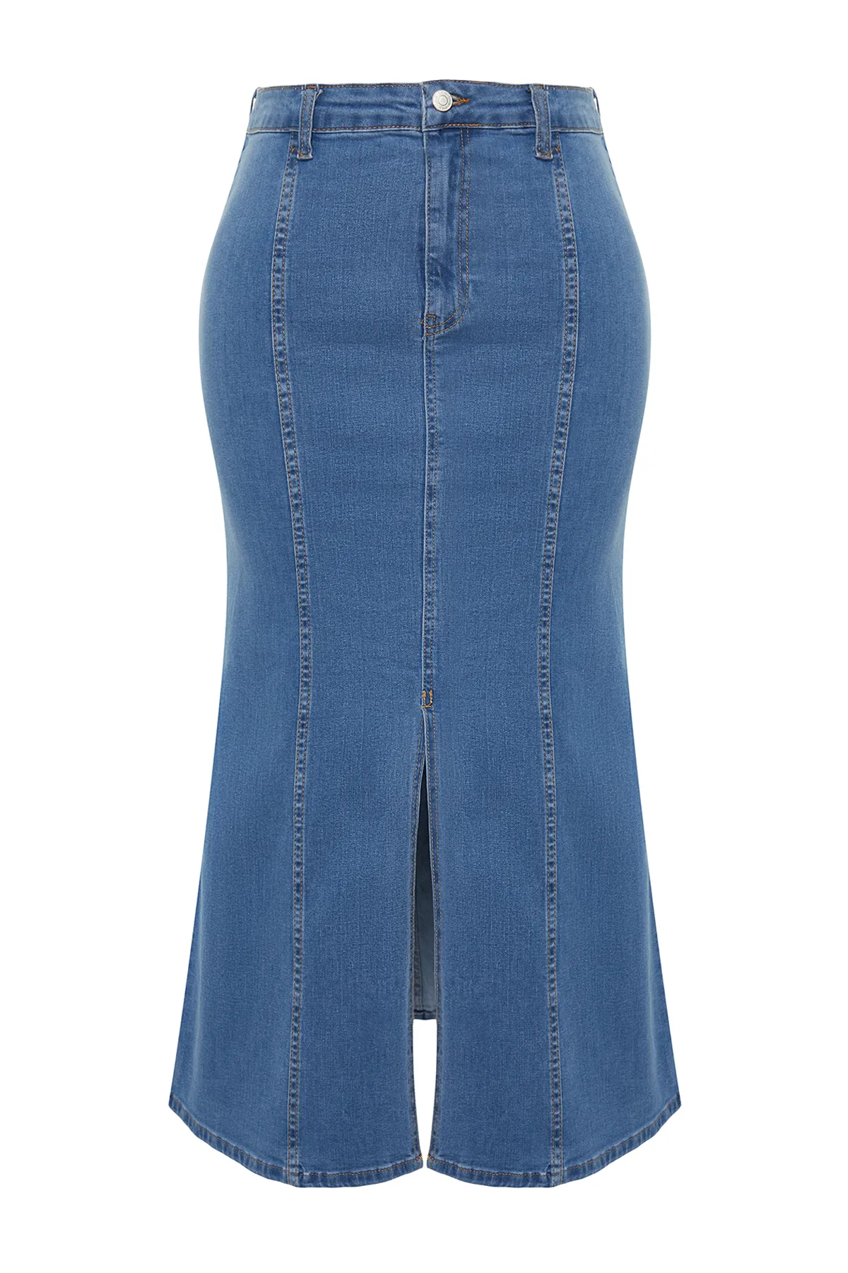 Trendyol Curve  Blauer Midi-Jeansrock mit Schlitz vorne und detailliertem Detail TBBSS24AZ00011