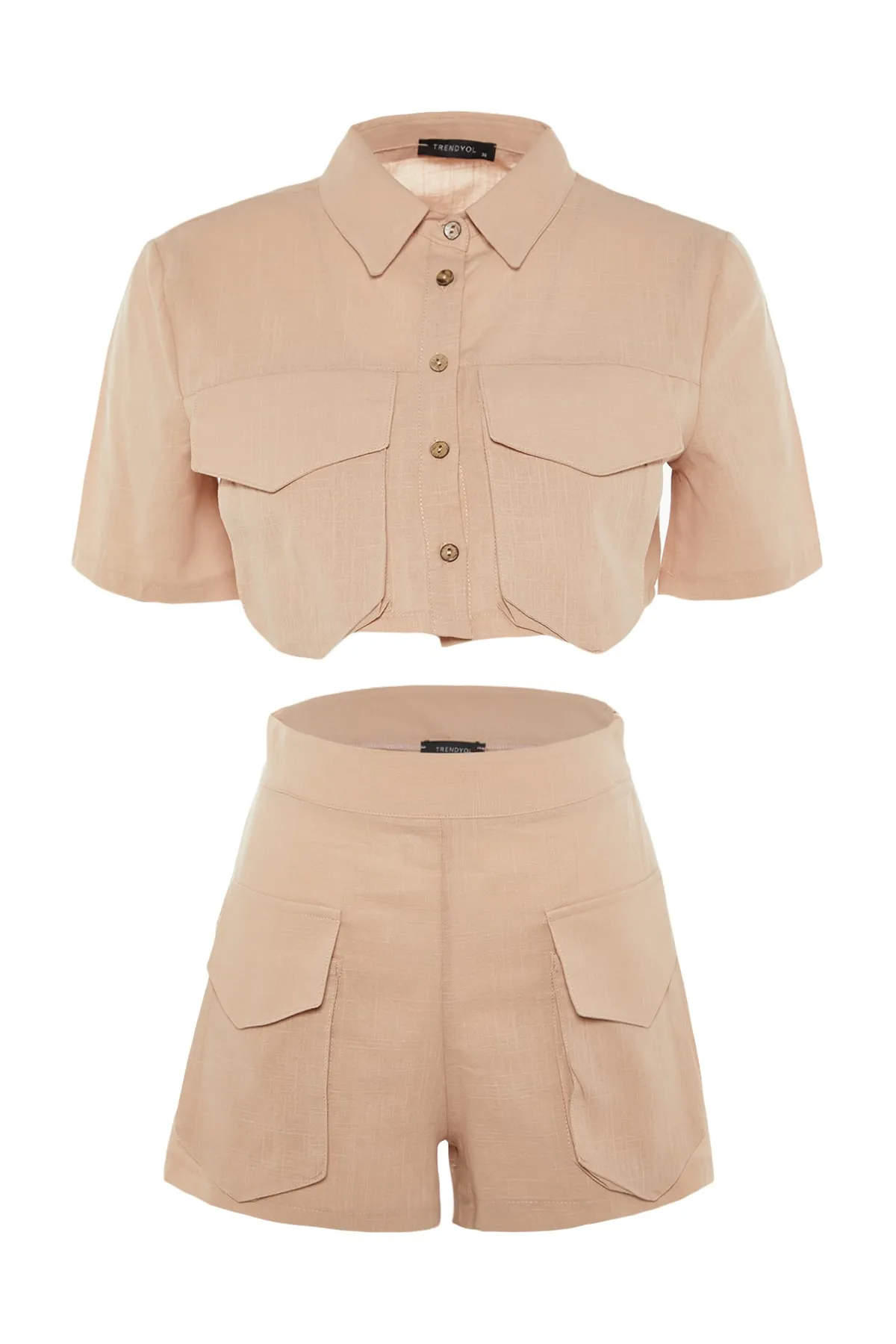 Trendyol Collection  Beiges Set aus Hemd und Shorts mit gewebter Tasche aus 100 % Baumwolle TBESS22AU00007