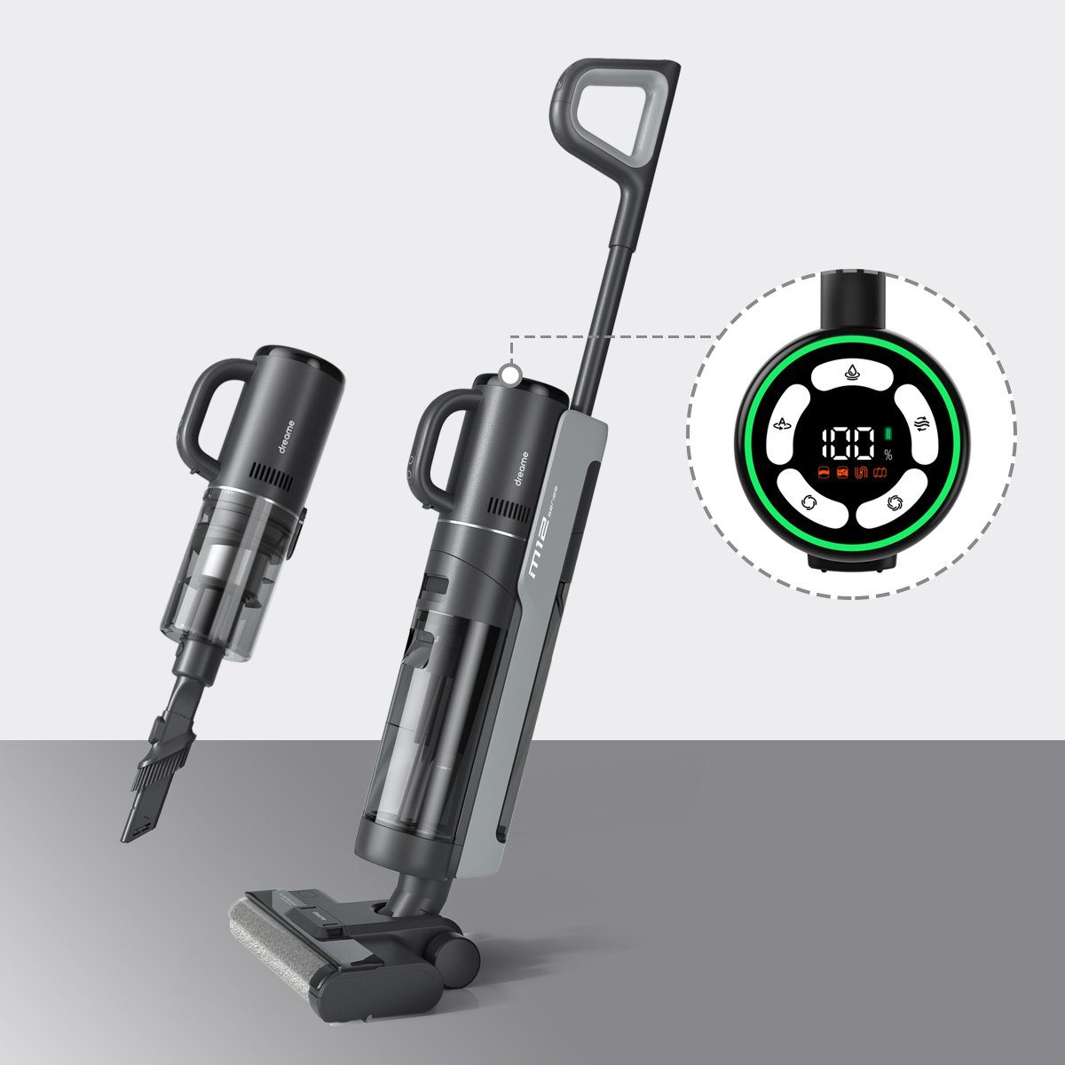 dreame Nass-Trocken-Sauger M12, Hand-Stiel-Sauger, ohne Kabel, 2 Modi, Kantenreinigungsdesign, beutellos, mit Milbenentferner, Schmutz-Erkennung, Selbstreinigend, LED-Display