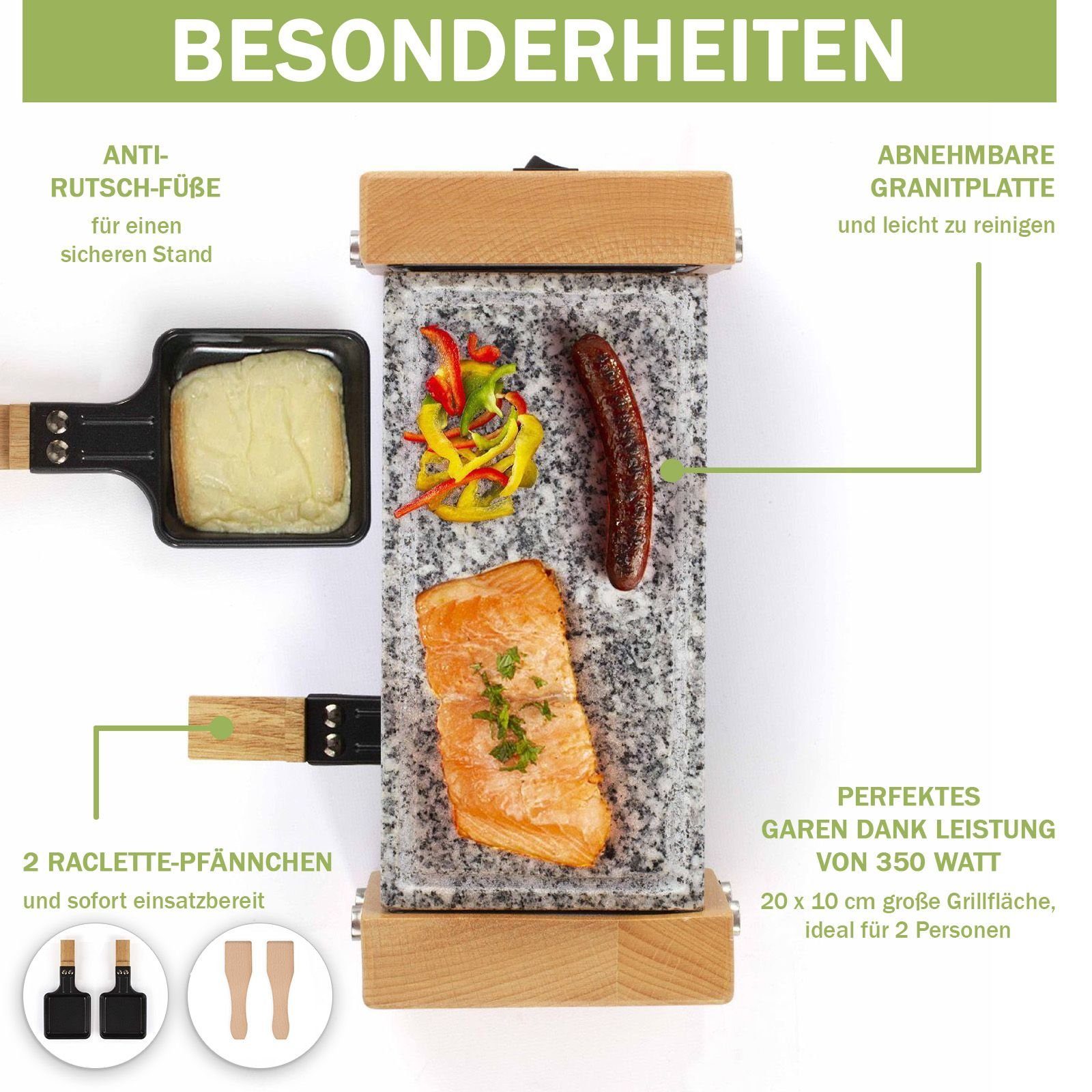 bmf-versand Raclette Raclette 2 Personen Tischgrill Elektrogrill Heißer Stein, 2 Raclettepfännchen, 350,00 W