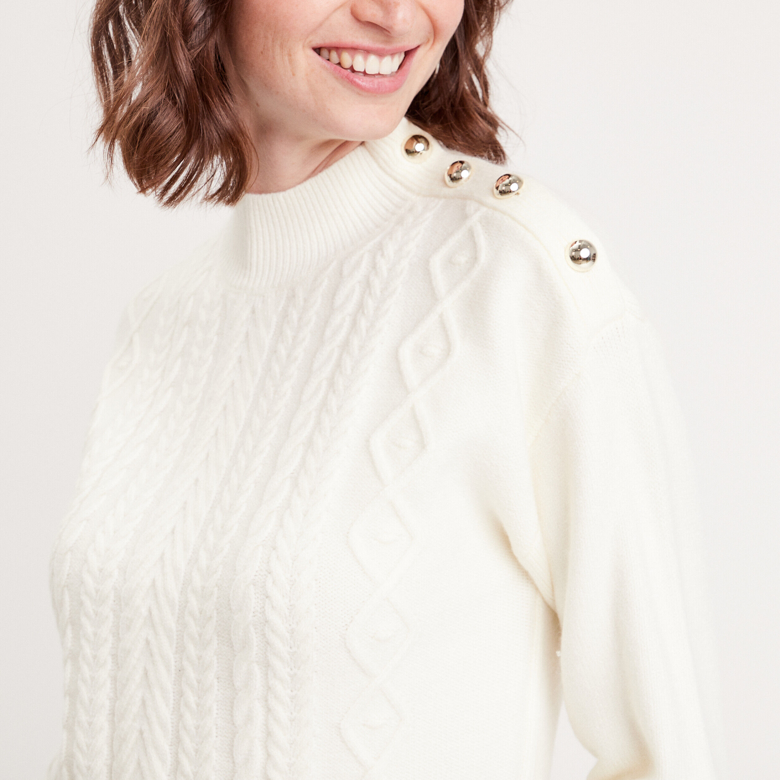 Pull col montant avec torsades ecru femme | Cache Cache