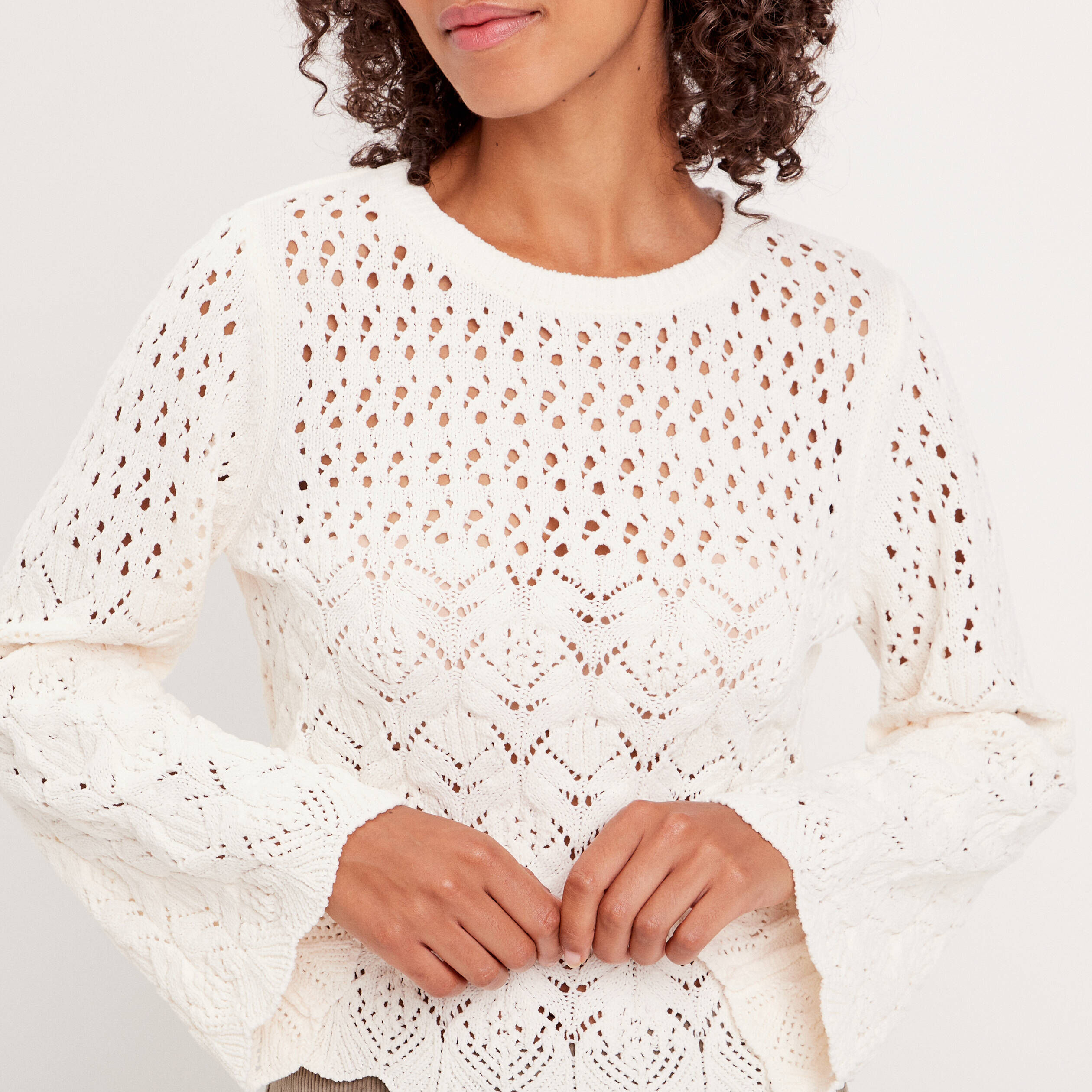 Pull ajouré avec bord festonné ivoire femme | Cache Cache