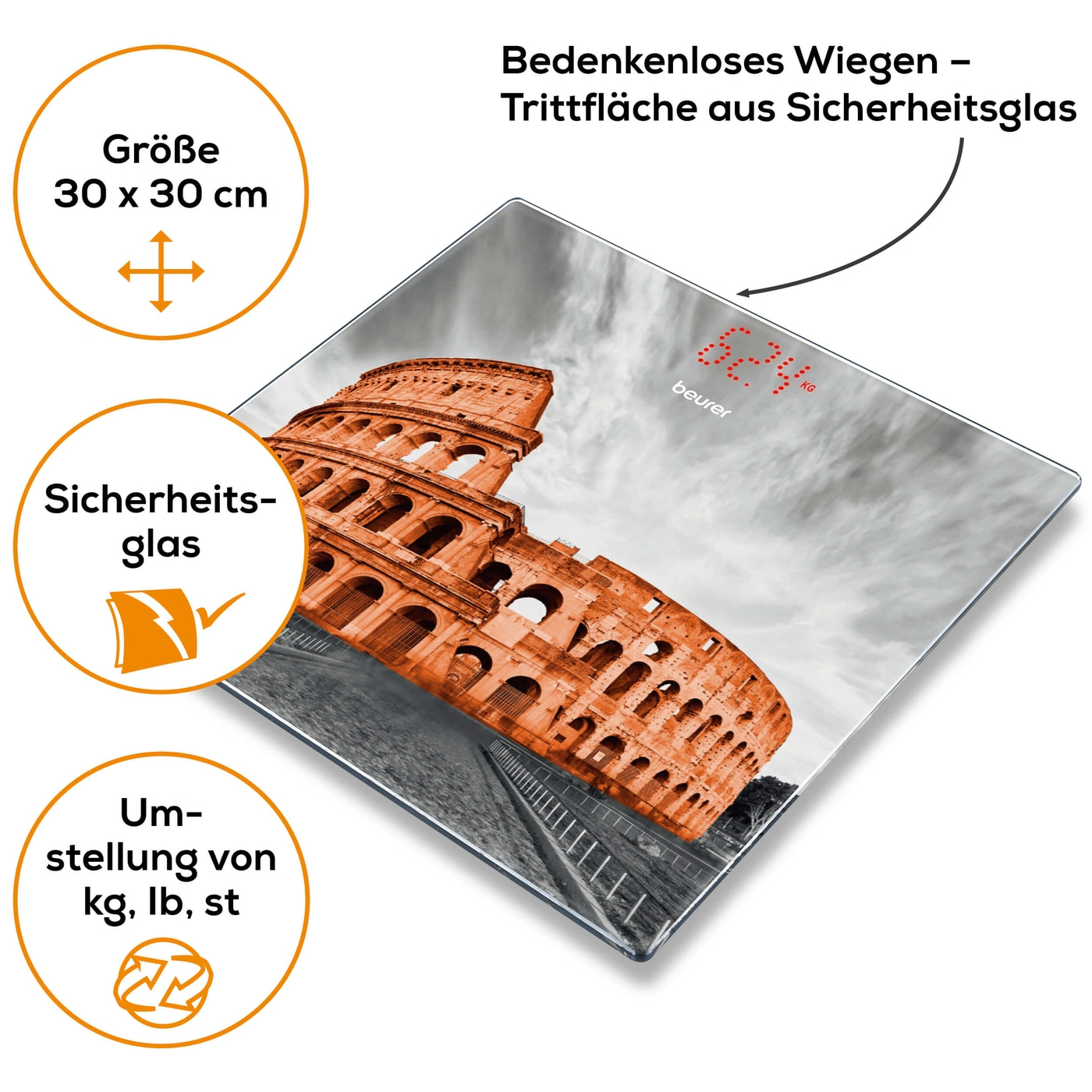Beurer Glaswaage GS 215 Rome-Personenwaage aus Glas mit unsichtbarem Magic-Display - bis 180 kg