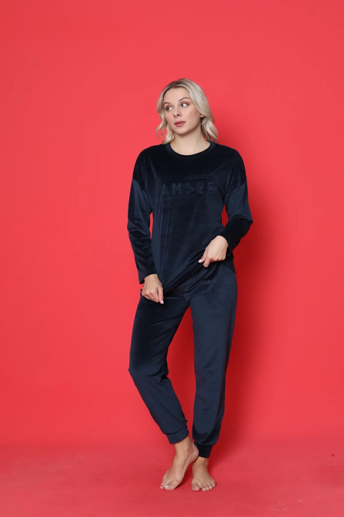 AHENGİM  Pyjama-Set für Damen, französischer Samt, Amore, bedruckt, Spatenmanschette, Winter, saisonal, W20432250