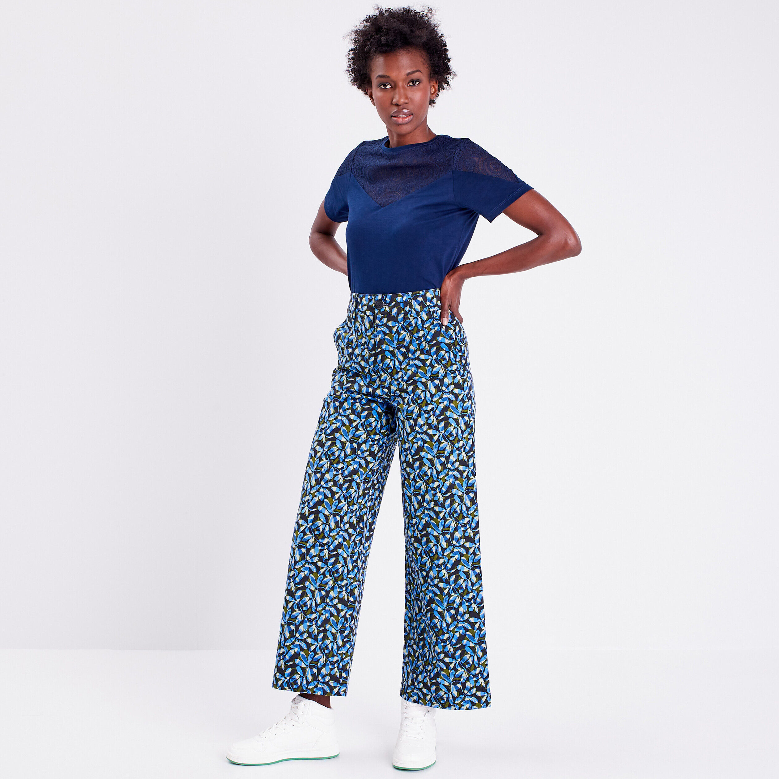 Pantalon large taille haute vert kaki femme | Cache Cache