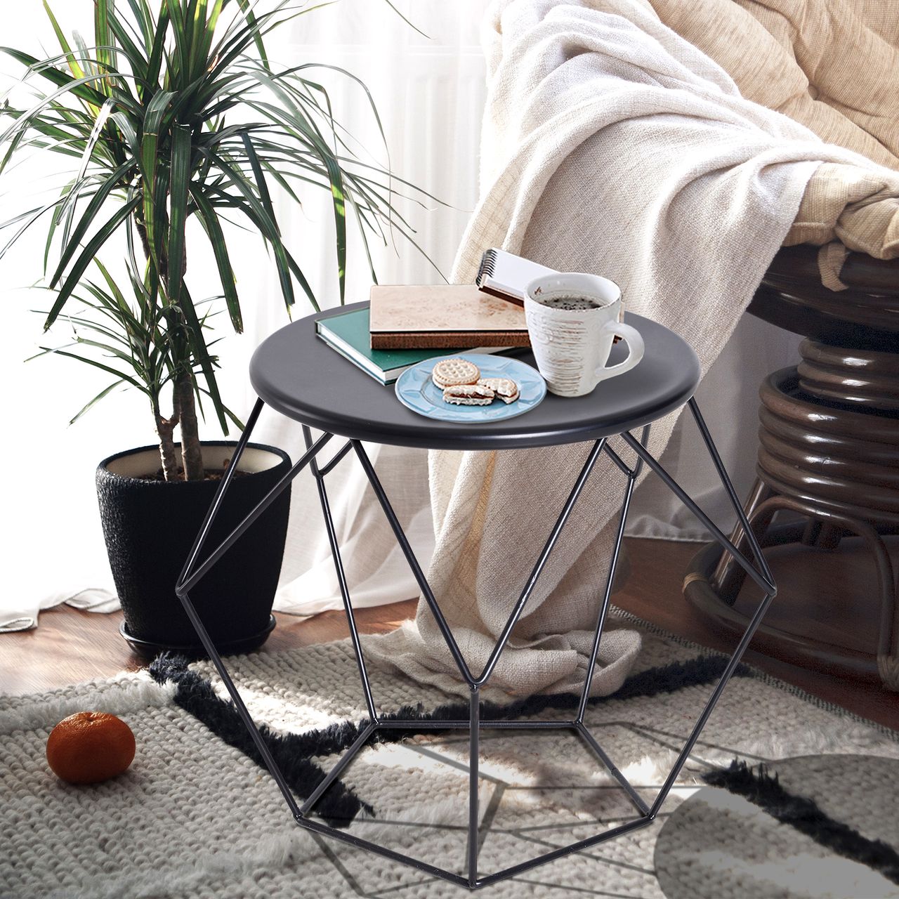 HOMCOM Couchtisch Beistelltisch Satztisch Nachttisch rund Aufbewahrung Metallkorb Wohnzimmer Schlafzimmer 51 x 51 x 44 cm