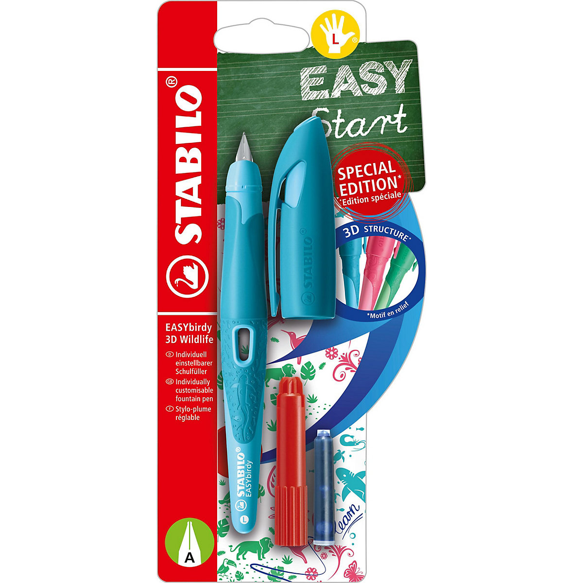 Schulfüller EASYbirdy Linkshänder A-Feder 3D Wildlife Special Edition blau, inkl. Patrone und Einstellwerkzeug