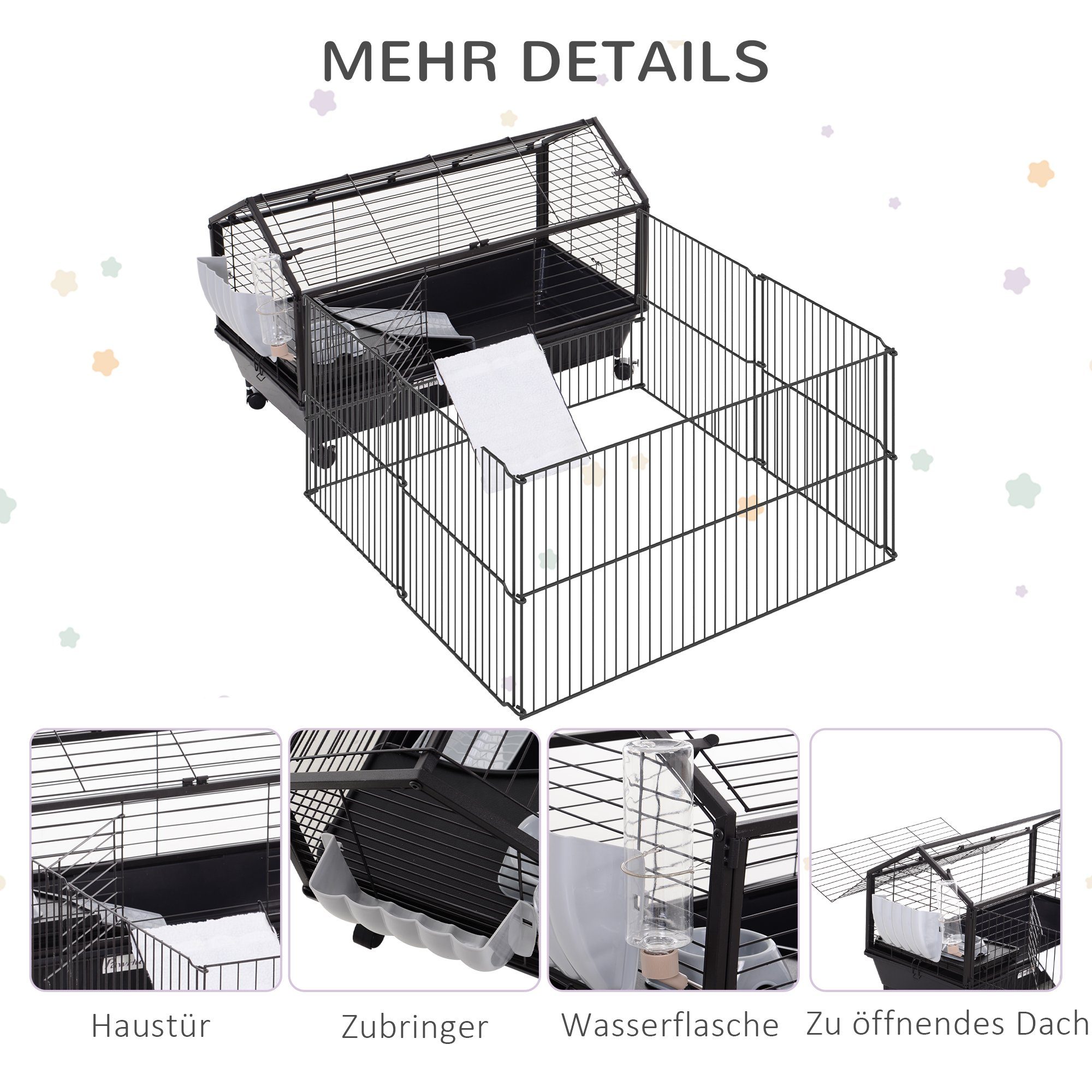 PawHut Kleintierkäfig mit Freigehege inkl. Zubehör 4 Rollen Kleintier mit Garten Metall, 88L x 128.5B x 56H cm
