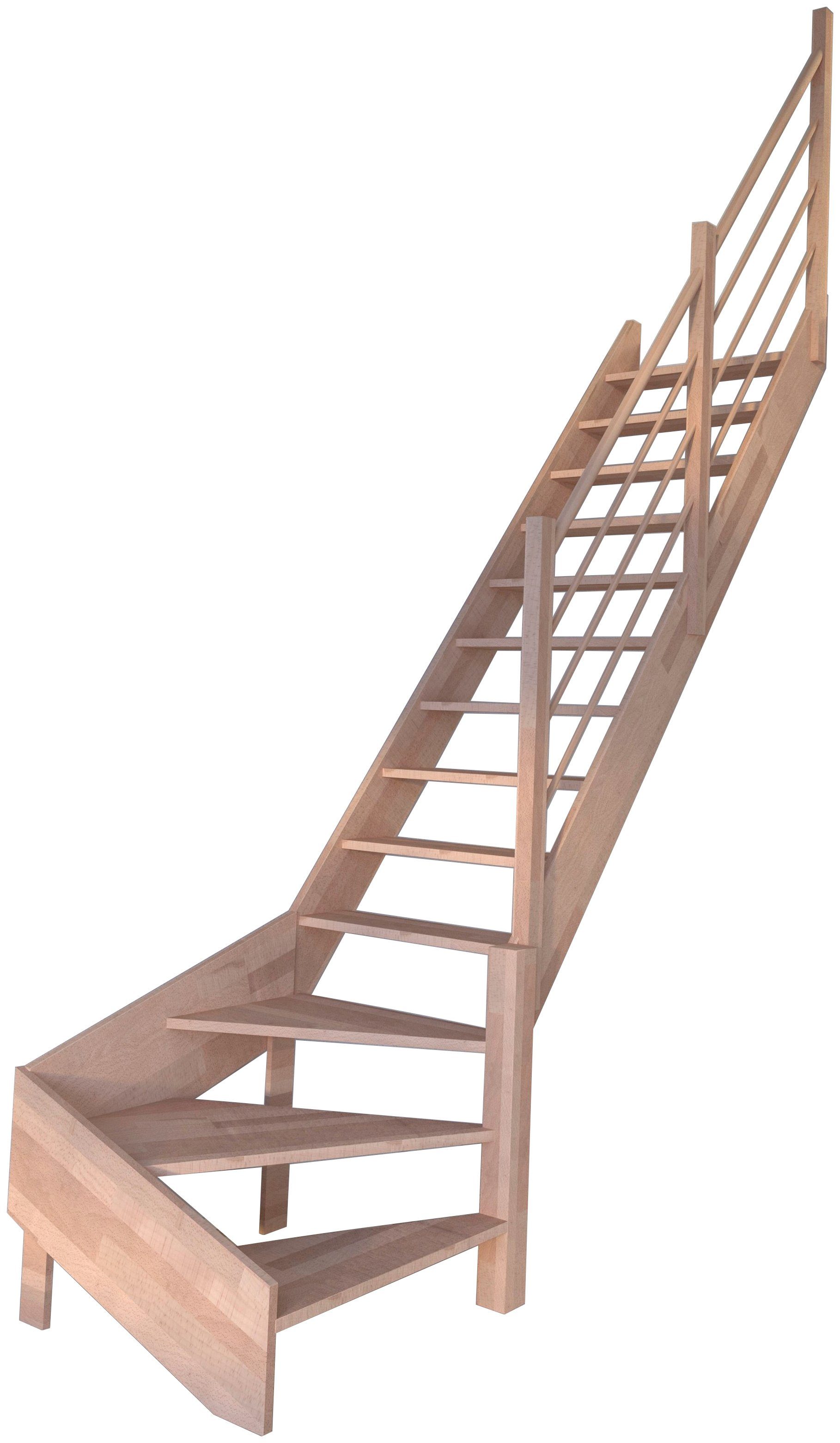 Starwood Raumspartreppe Massivholz Rhodos, Holz-Holz Design Geländer, für Geschosshöhen bis 300 cm, Stufen offen, gewendelt Rechts, Durchgehende Wangenteile