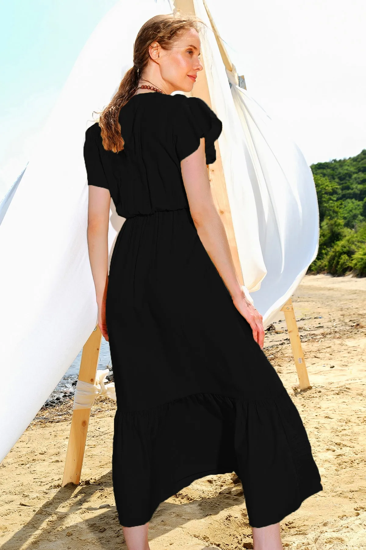 Trend Alaçatı Stili  Schwarz gestreiftes, zweireihiges, gekräuseltes Maxikleid mit Kragen für Damen ALC-X4373