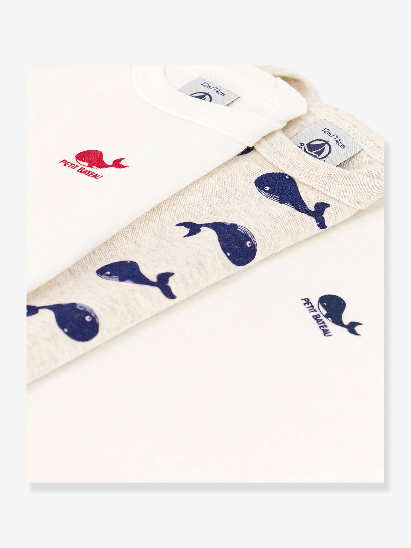 Lot de 3 bodies manches longues baleines bébé en coton PETIT BATEAU blanc