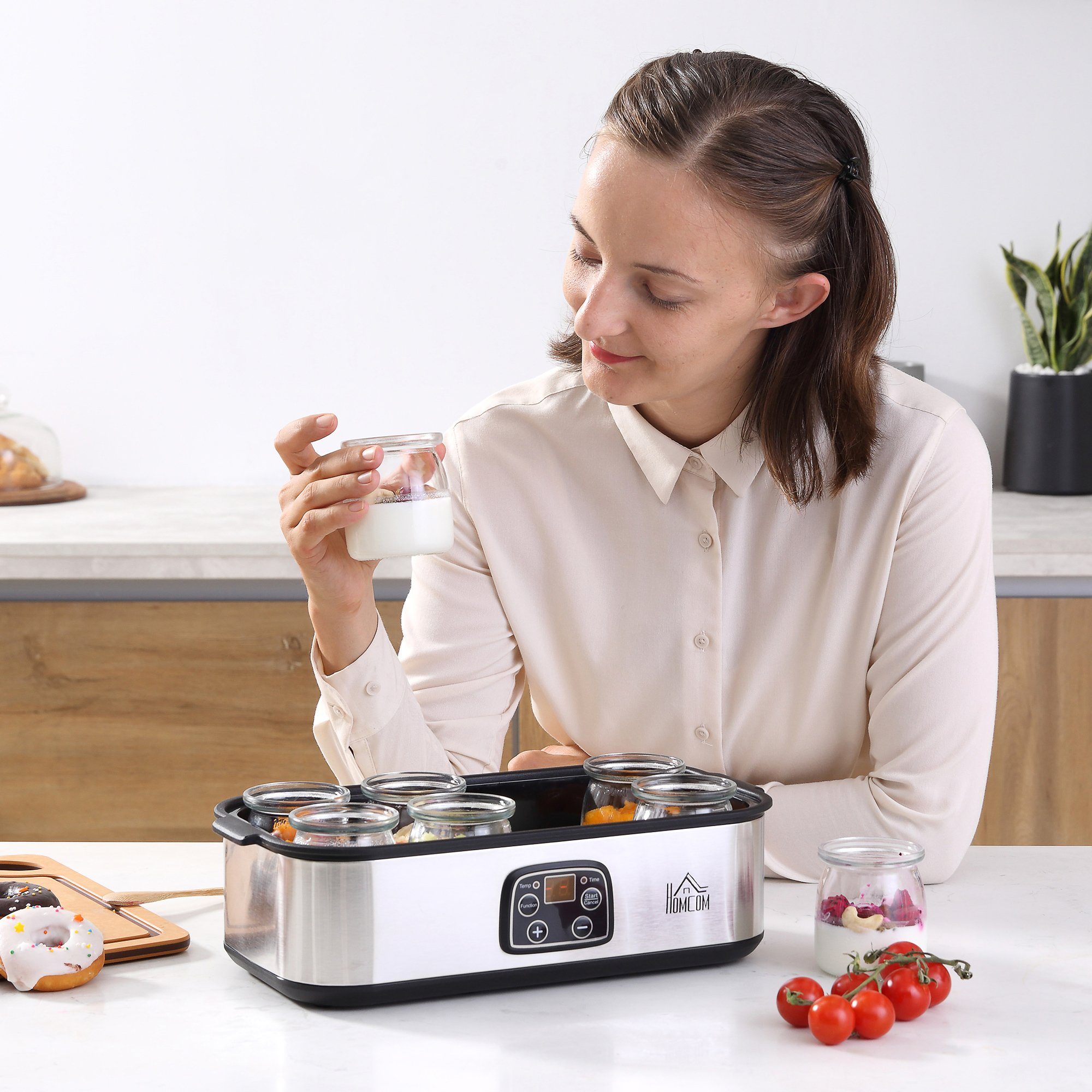 HOMCOM Joghurtbereiter Joghurtbereiter, 8 Portionsbehälter, je 180 ml, Joghurtmaschine 8 Joghurtgläser einstellbar PC PP Silber