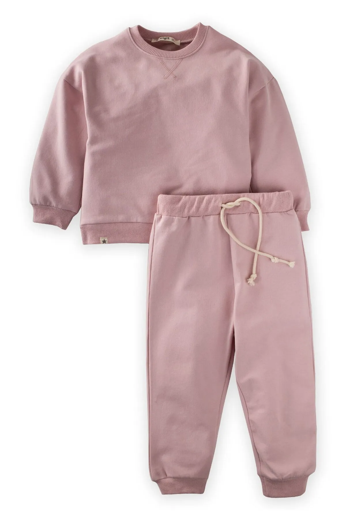 Cigit  Basic Karyoka Detailliertes Sweatshirt-Set, Alter 3–8, Puderrosa