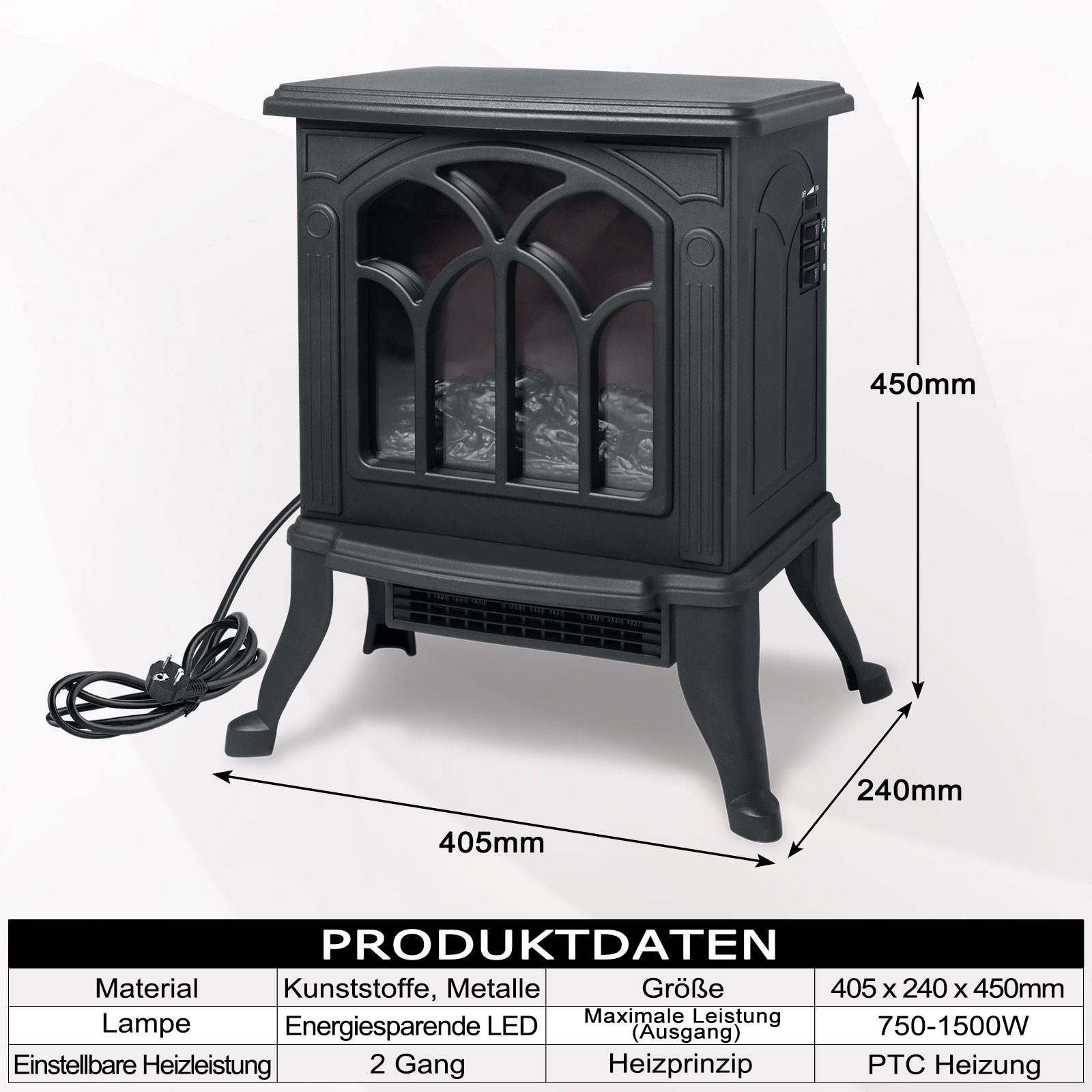 AUFUN Elektrokamin mit Heizlüfter, LED Kaminfeuer Effek Kaminofen Flammeneffekt 750/1500W