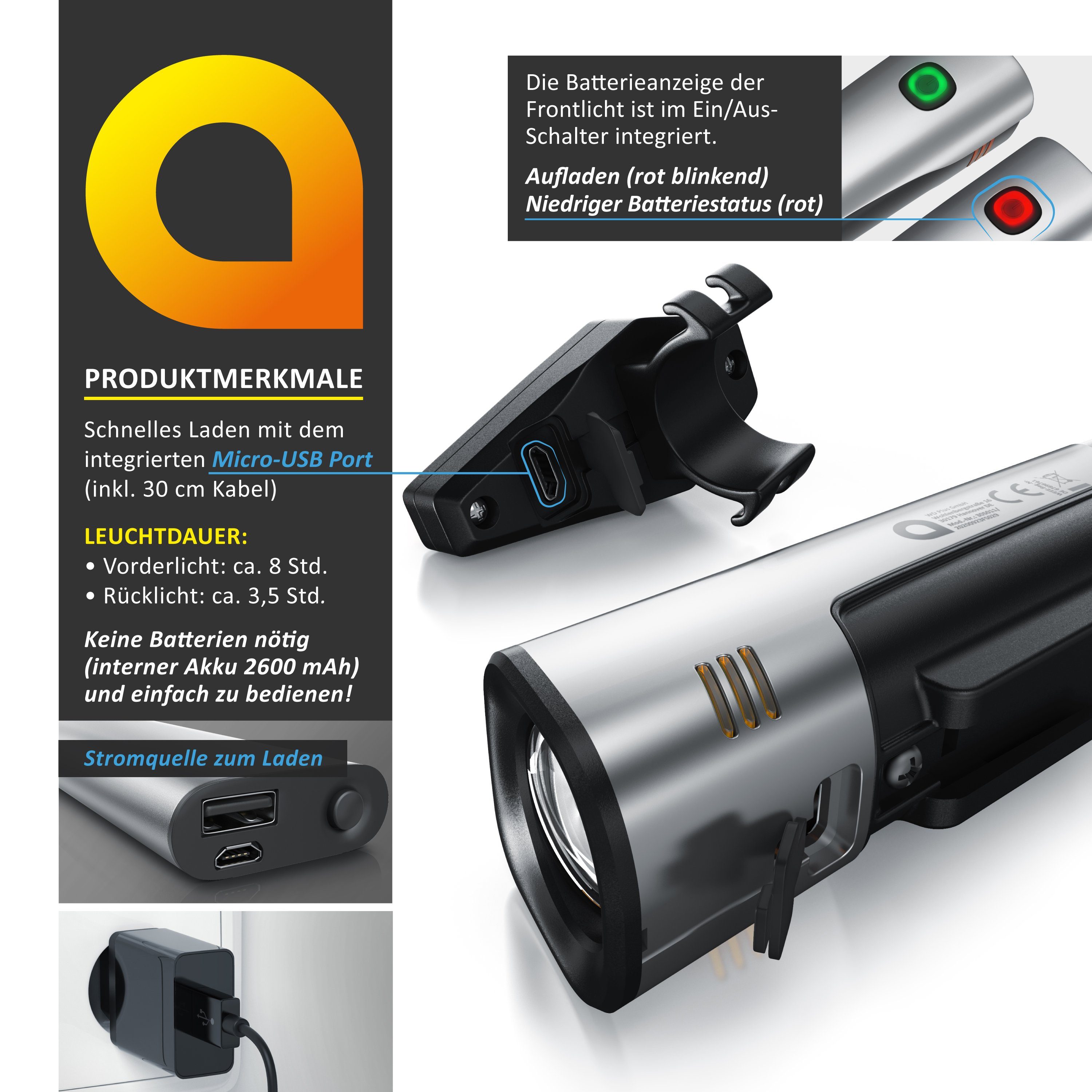 Aplic Fahrradbeleuchtung, StVZO Fahrradlampenset, 2600mAh Frontlicht & 180mAh Rücklicht, 40 Lux