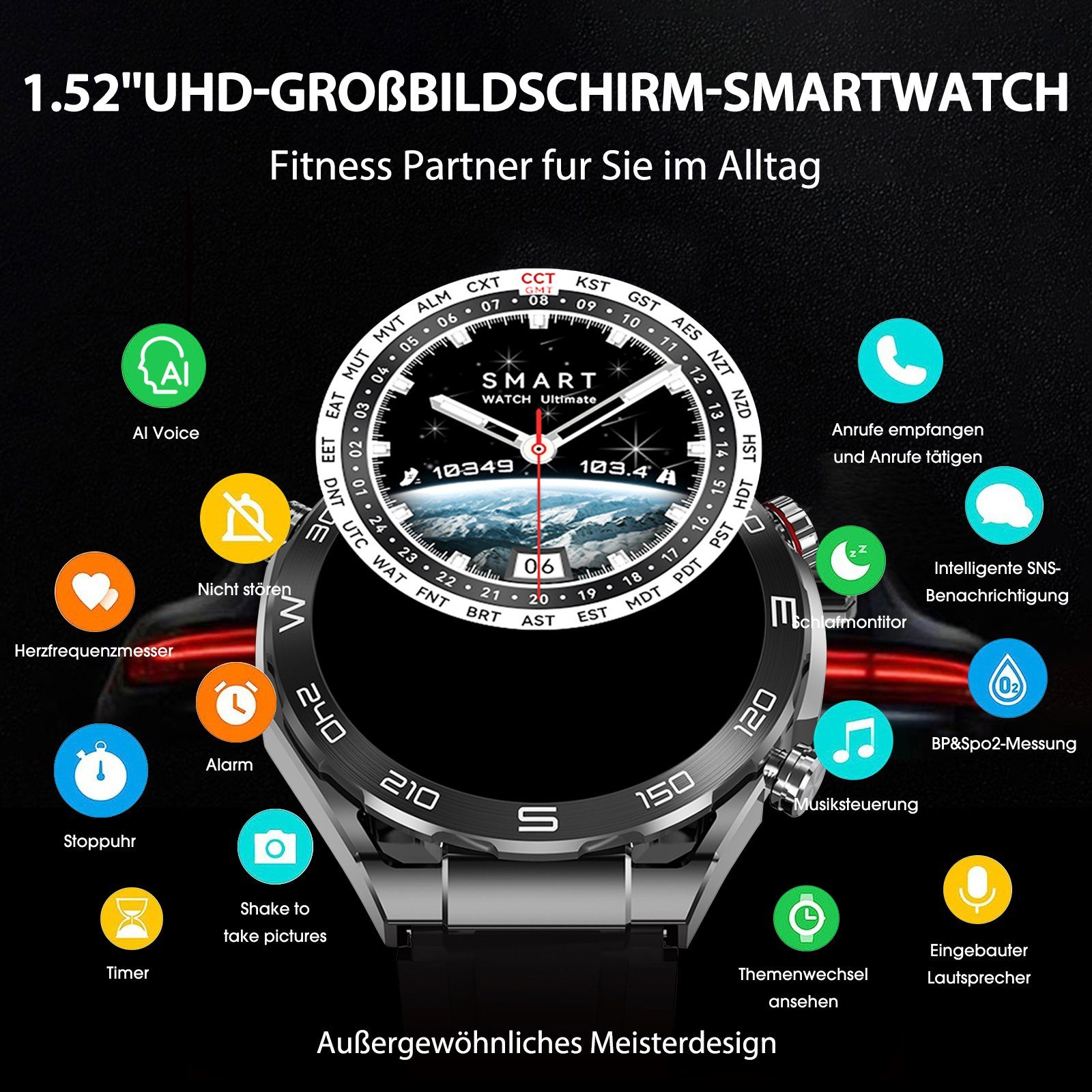 Yuede Smartwatch, Fitness Tracker uhr mit Anruffunktion für Damen und Herren Smartwatch (Rundes 1,52-Zoll-UHD-Full-Touch-Farbdisplay Zoll) Gesundheits-Smartwatches mit Blutsauerstoff, Blutdruckmessung, Herzfrequenz, Schlafqualität, Schrittzähler, Mus