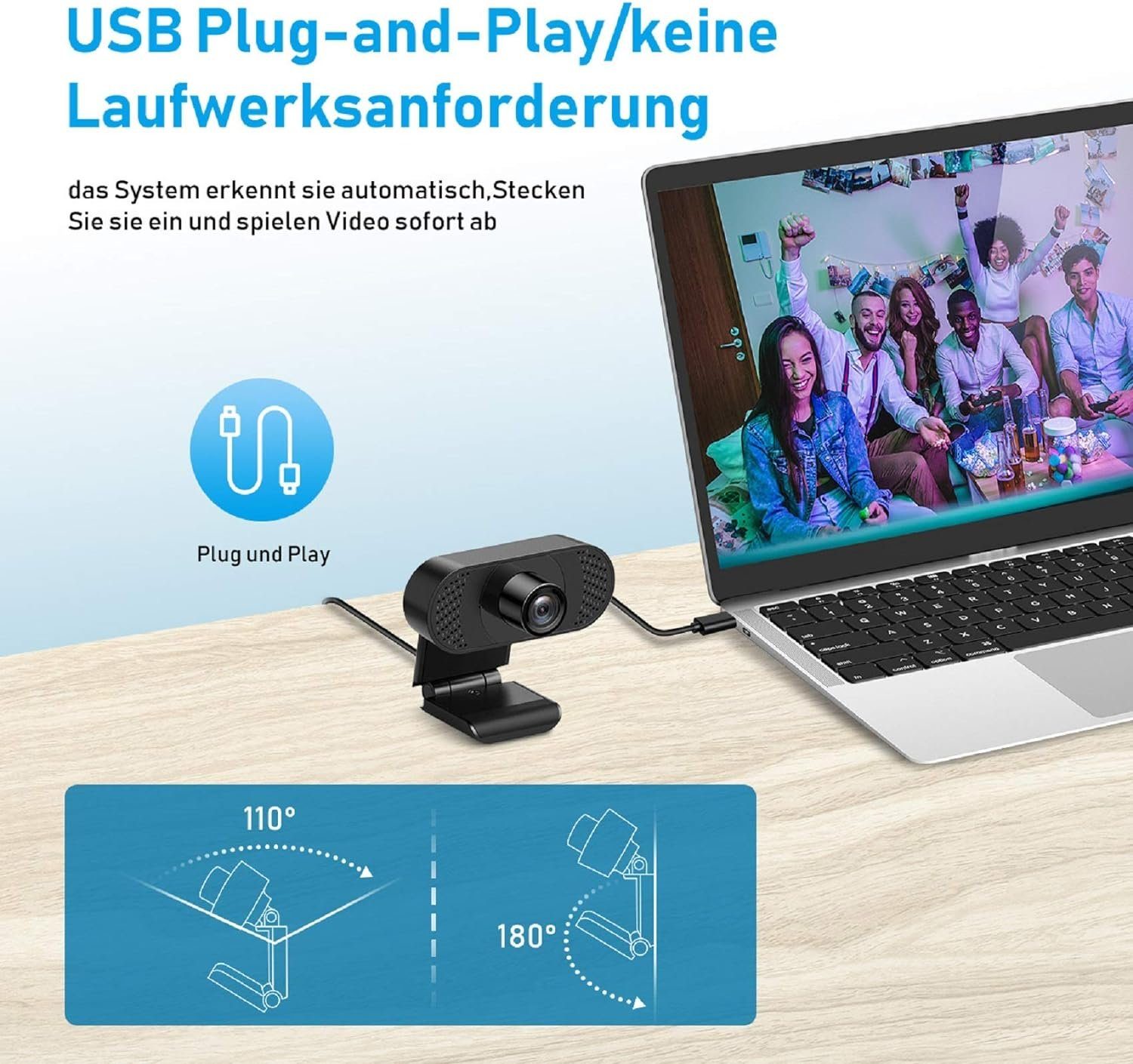Diyarts Full HD-Webcam (Full HD 1080P, für Laptop, Desktop, USB 2.0 Plug & Play, Webcam pc, Automatische Lichtkorrektur, für Live-Streaming, Videoanrufe, Konferenz)