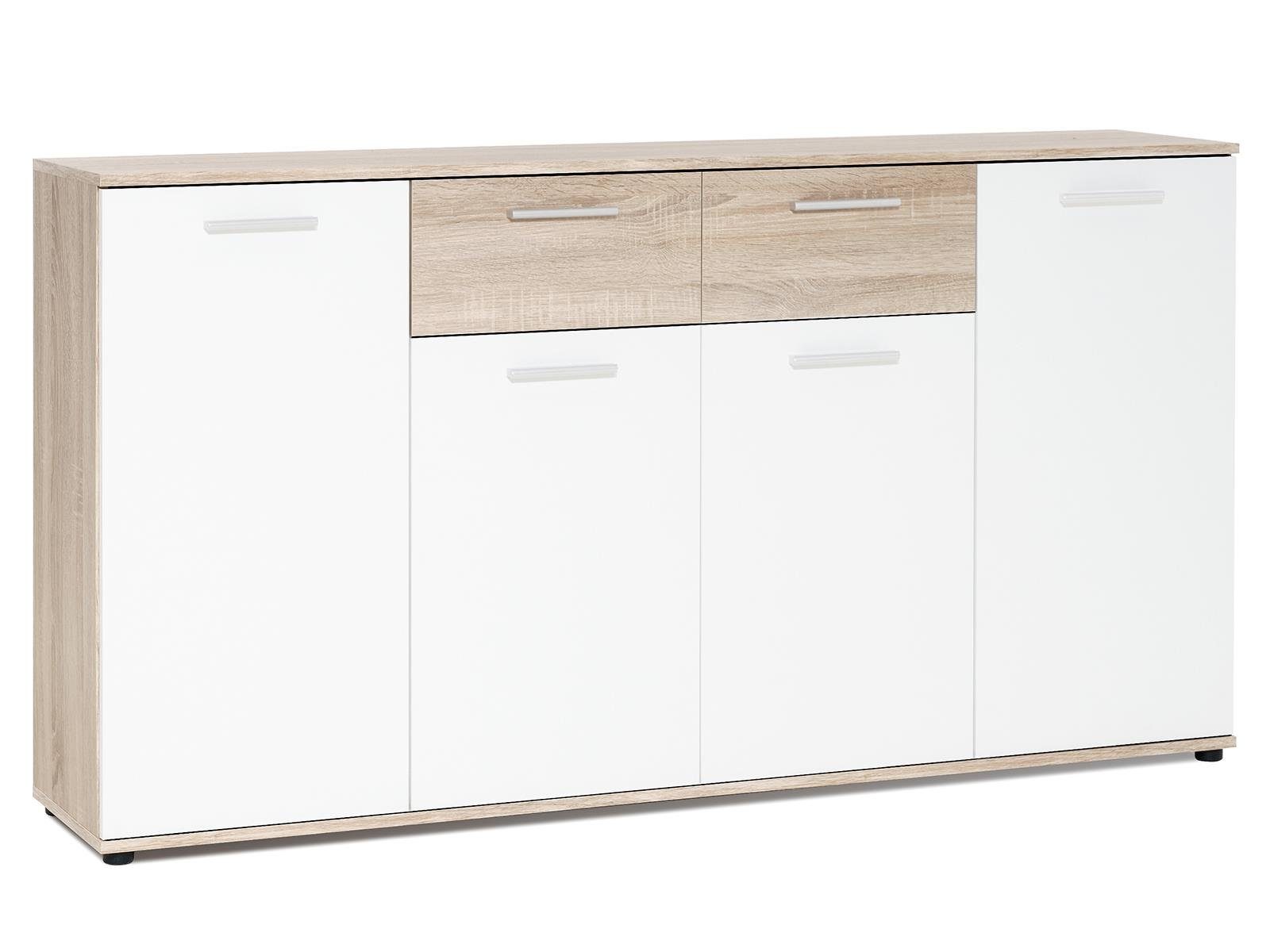 möbelando Sideboard Jacklin, Modernes Sideboard aus Spanplatte in Sonoma-Eiche Nachbildung mit Absetzungen in Weiß mit 2 Schubkästen und 4 Türen dahinter je 1 Boden. Breite 160 cm, Höhe 85 cm, Tiefe 35 cm