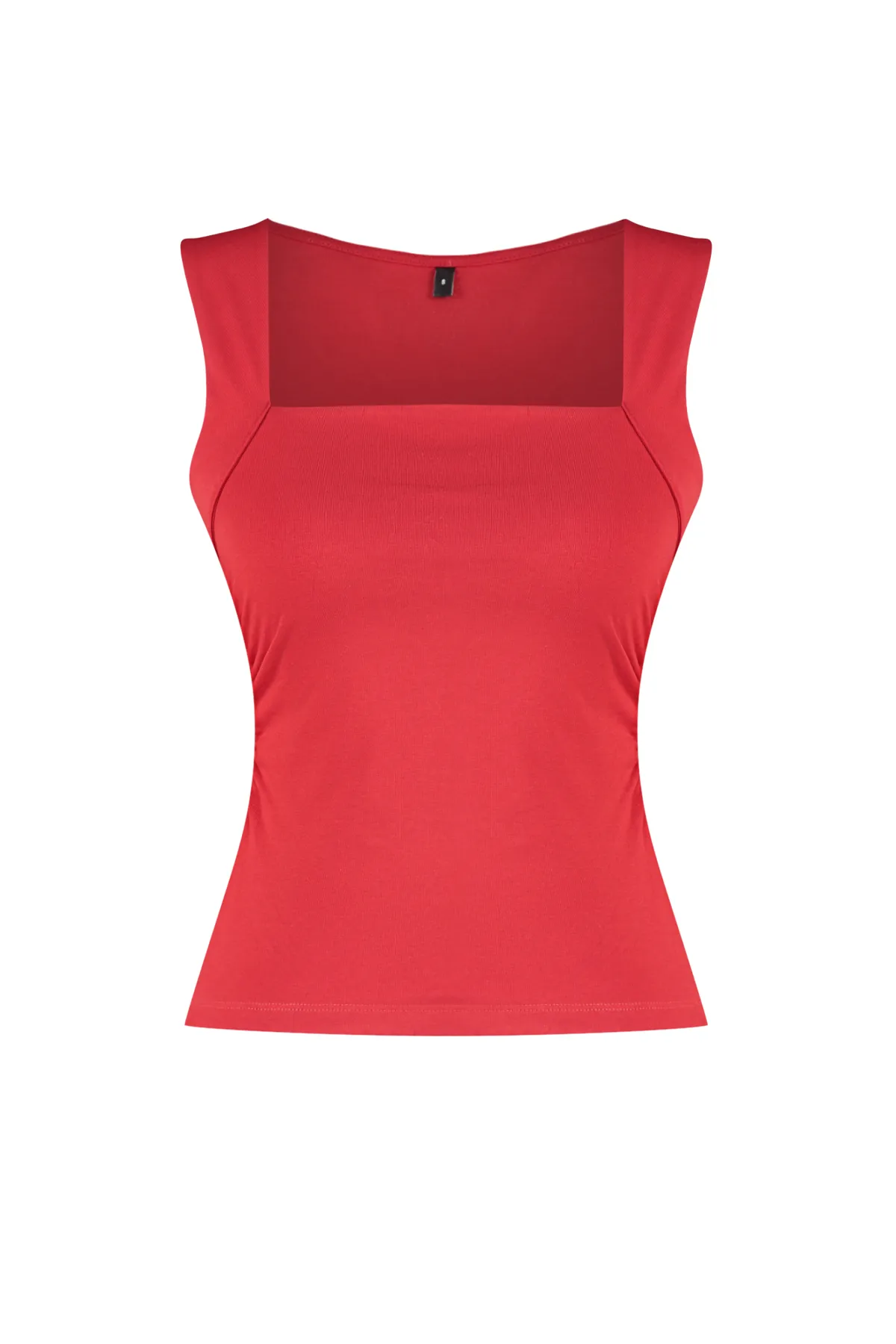 Trendyol Collection  Rote Strickbluse mit geradem, quadratischem Kragen, Riemchen und Raffung TWOSS24BZ00400