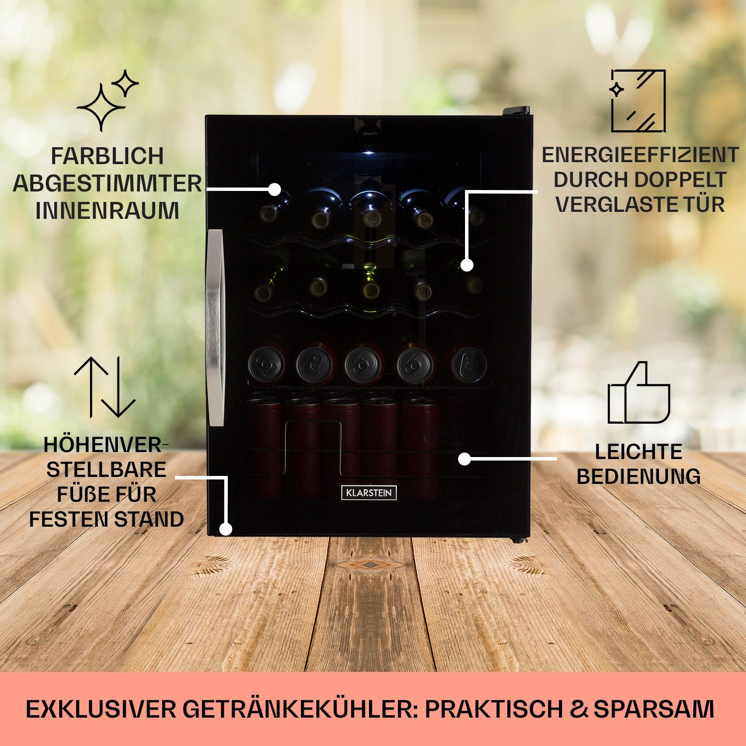 Klarstein Getränkekühlschrank HEA-BeersafeXL-onyx 10032871A, 63 cm hoch, 47 cm breit, Bier Hausbar Getränkekühlschrank Flaschenkühlschrank Glastür
