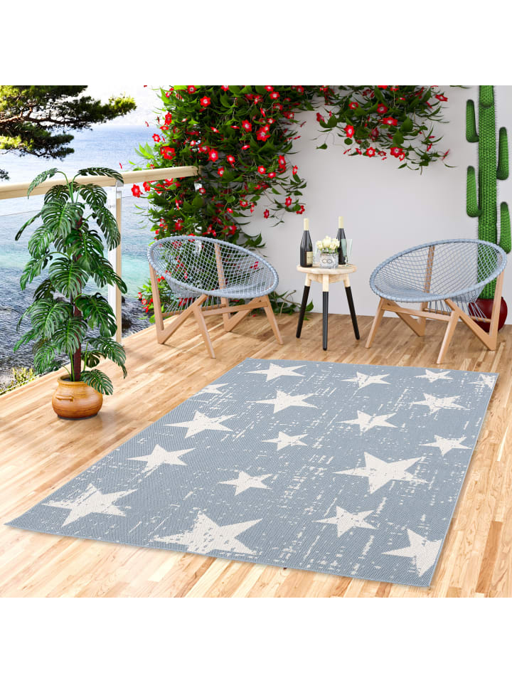 Pergamon In & Outdoor Teppich Flachgewebe Marbella Sterne in Blau günstig kaufen