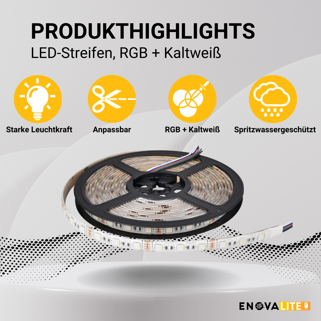 ENOVALITE LED-Streifen, RGB und kaltweißes Licht, IP54, 24 V