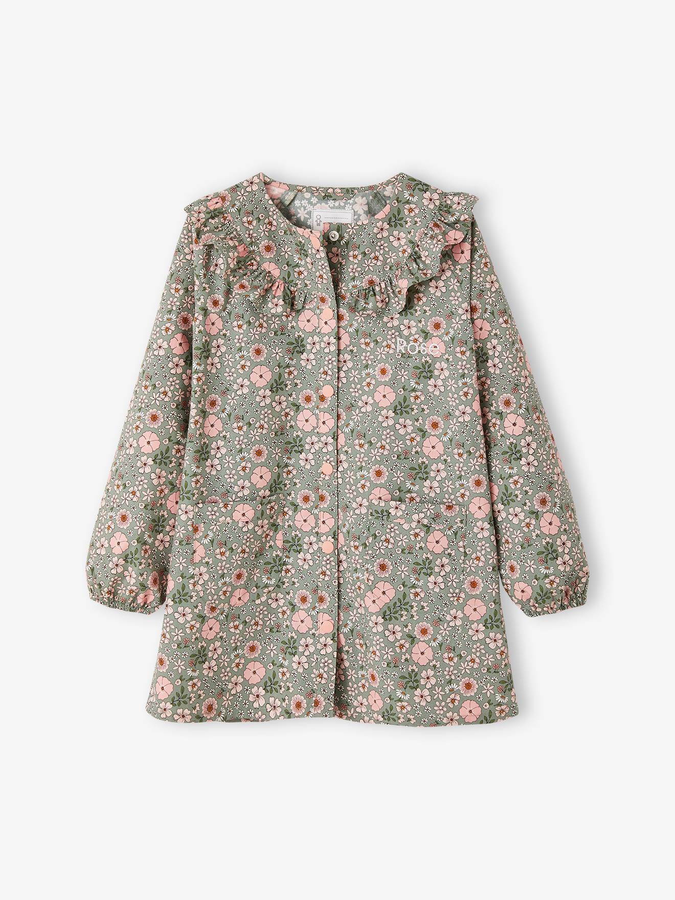 Tablier à fleurs personnalisable fille volants devant vert lichen