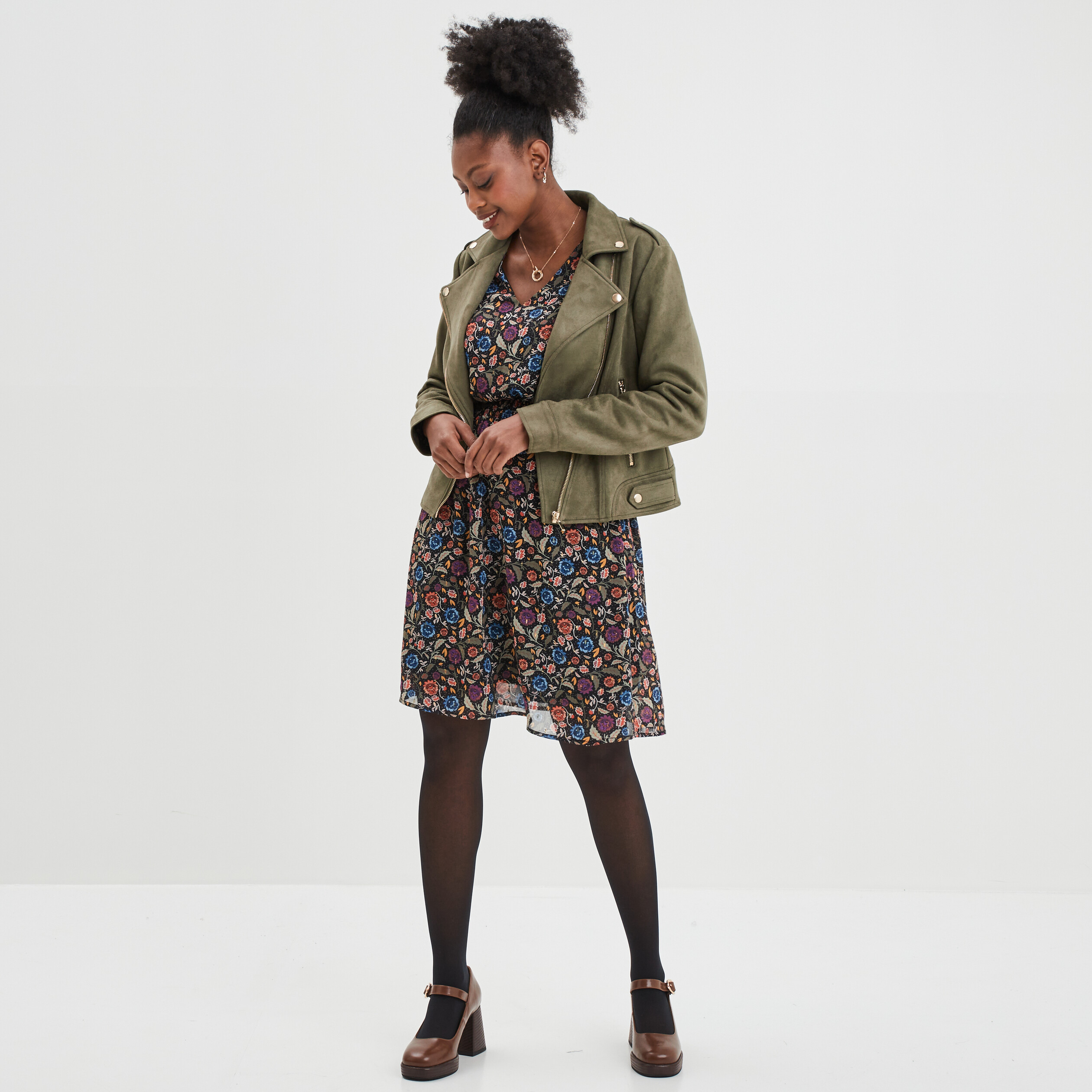 Veste esprit biker effet suédine vert kaki femme | La Halle