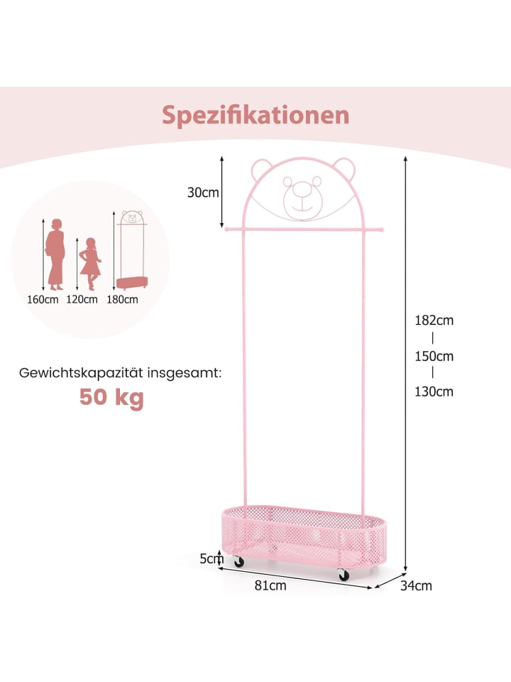 COSTWAY Kinder Kleiderständer rollbar 182cm in Rosa günstig kaufen onesize
