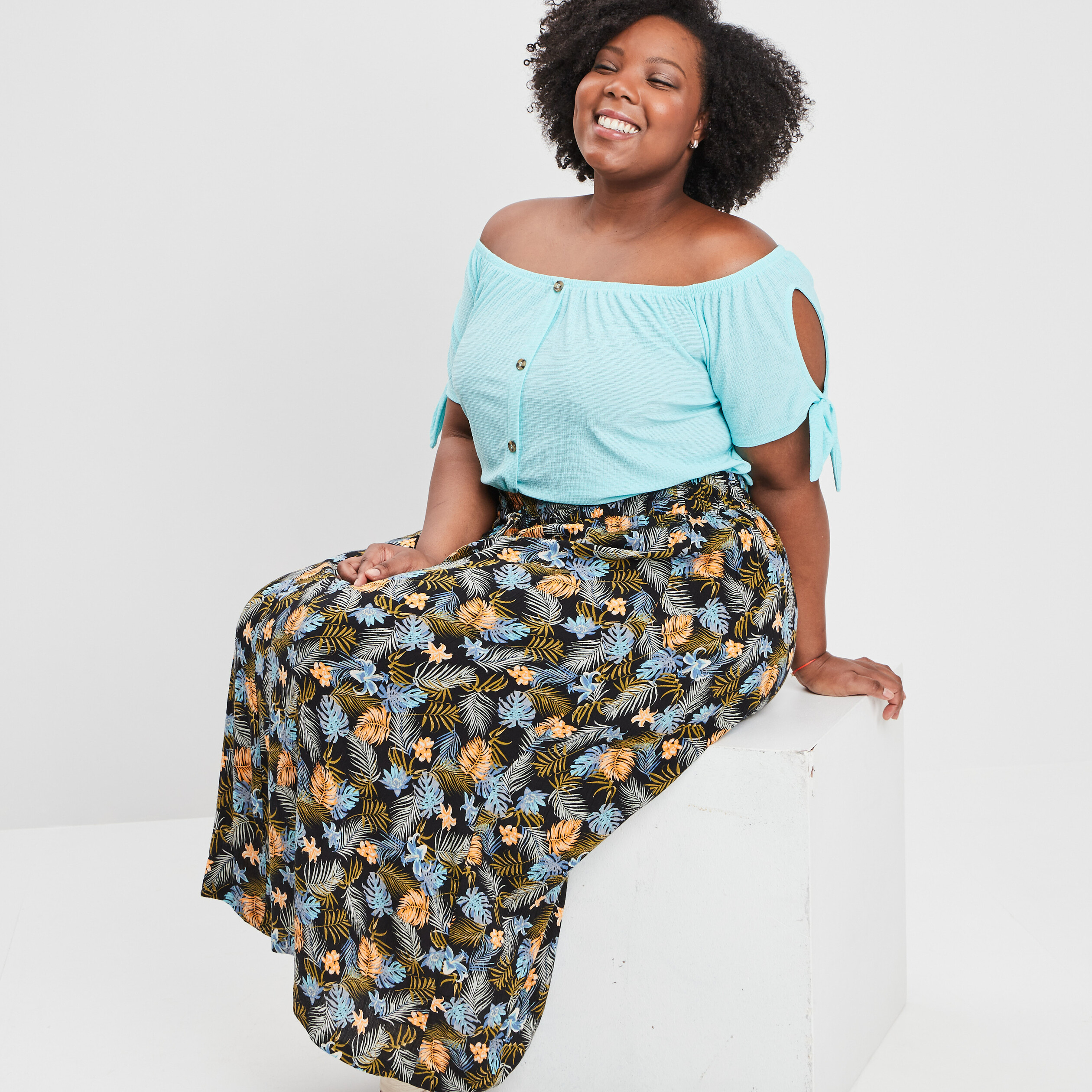 T-shirt col bardot manches courtes bleu turquoise femme grande taille | La Halle