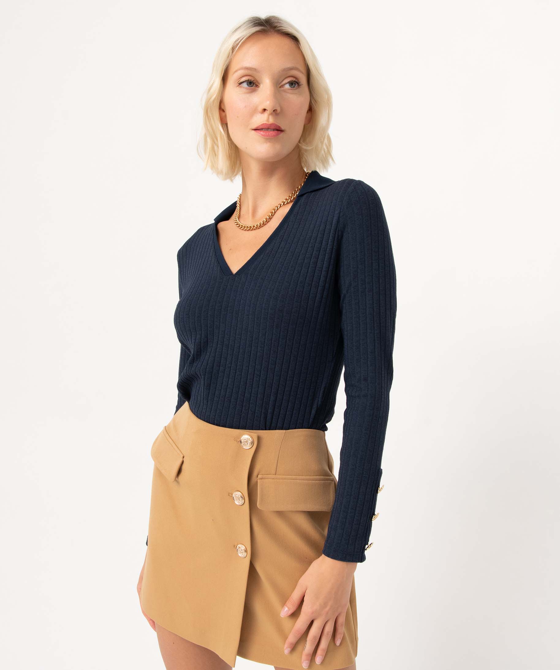 Tee-shirt femme en maille ctelée avec col V marine | GEMO