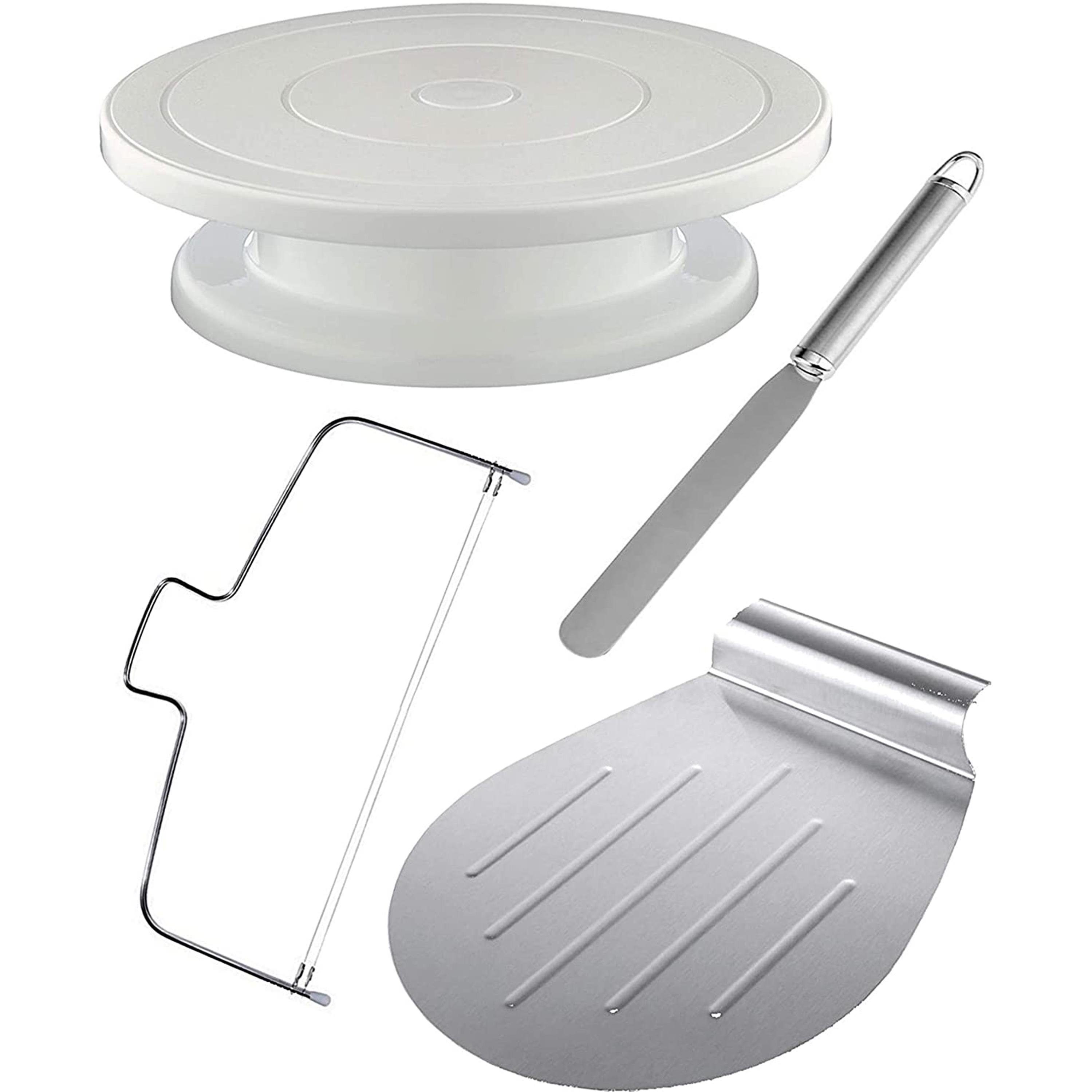 Praknu Tortenplatte 4Tlg Tortenplatte Drehbar Set, Plastik-Edelstahl, (Set, 4-tlg), inkl. Tortenheber, Streichpalette und Tortenschneider, Edelstahl - Spülmaschinenfest