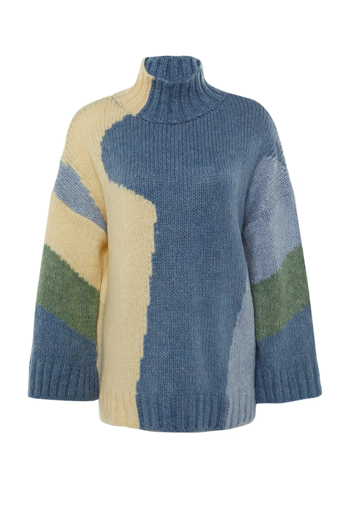 Trendyol Collection  Blauer, weich strukturierter Strickpullover mit Farbblockdesign TWOAW20XS0047