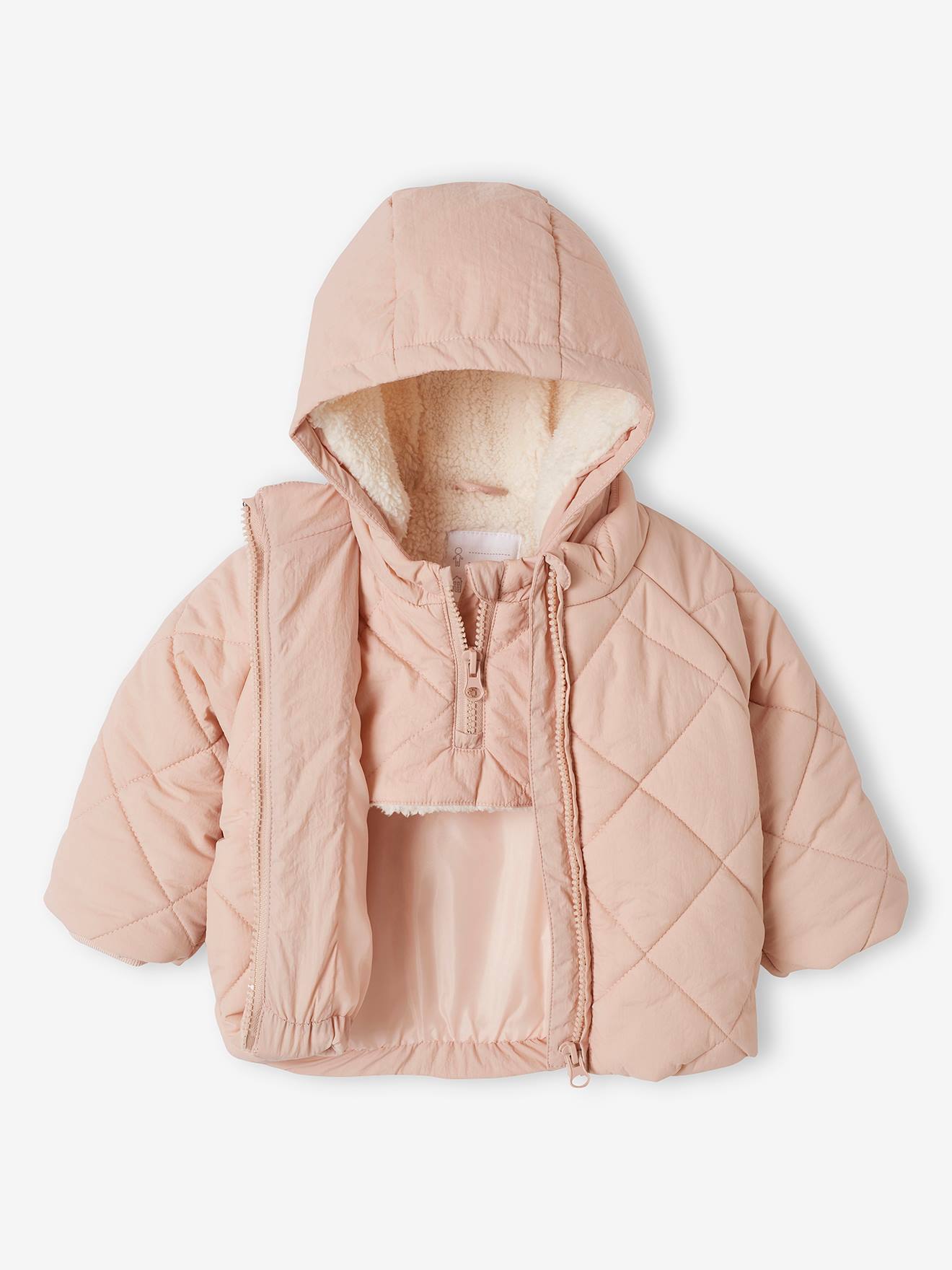 Vertbaudet Mädchen Baby Steppjacke mit abnehmbarer Kapuze, Recycling-Polyester - hellrosa
