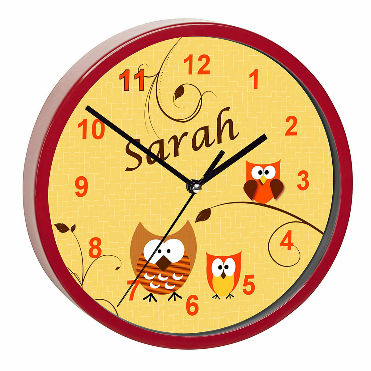 Kinder Wanduhr personalisiert mit Name Eule Orange
