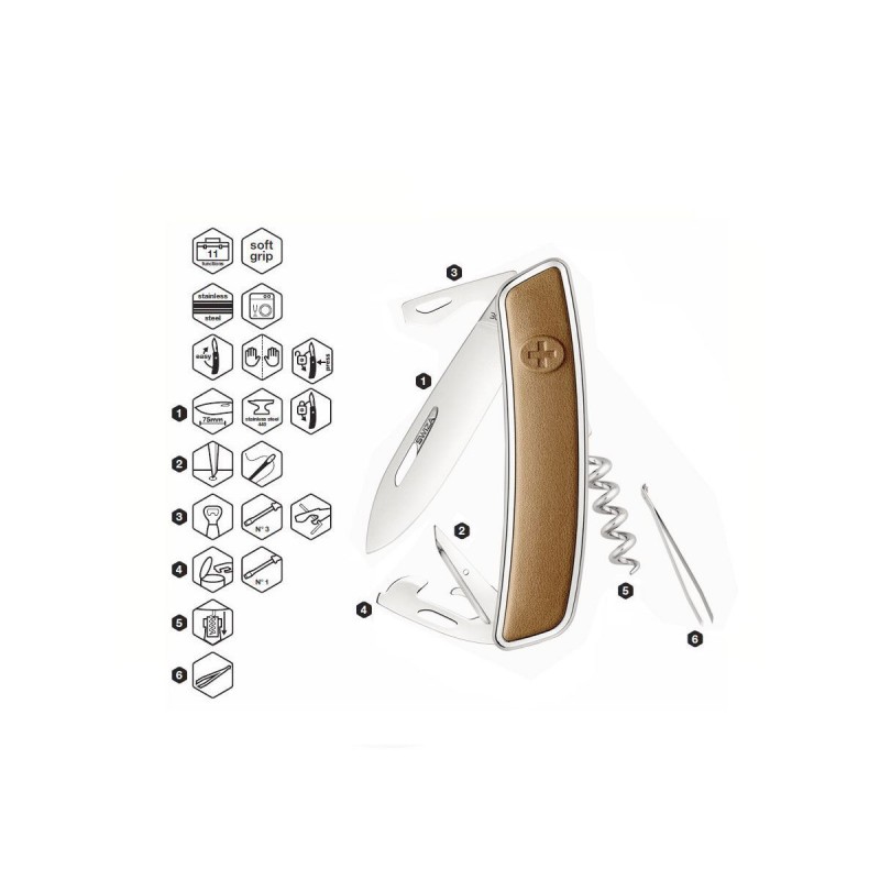 Schweizer Messer Swiza D03 Lux Leder Braun, mit 11 Funktionen Mehrfarbig, Made in Swiss.