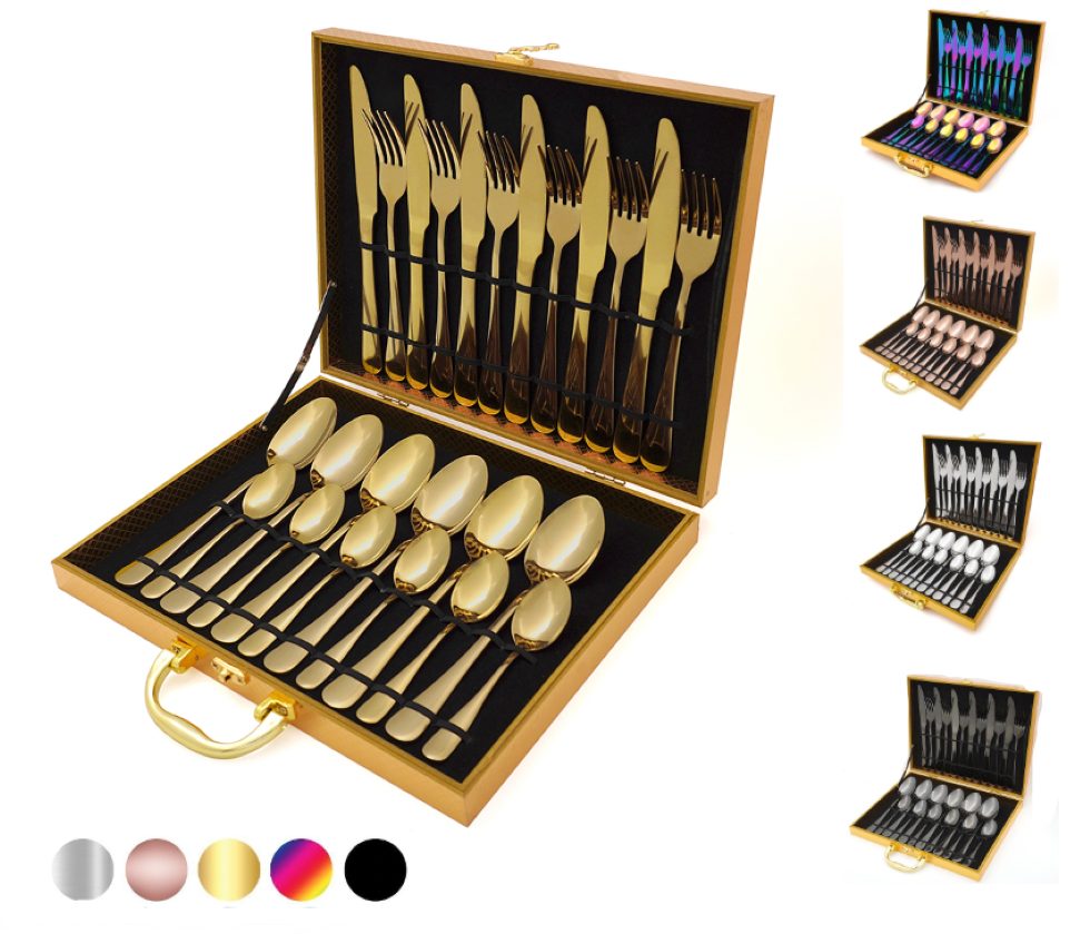 Faizee Möbel Besteck-Set Besteck-Set Edelstahl Besteck Cutlery Set 24-tlg Wooden Box