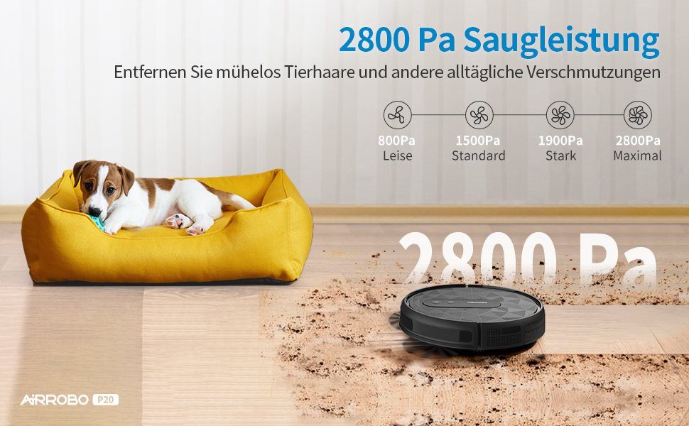 AIRROBO Saugroboter P20 2800Pa, 120Minuten Laufzeit,App,leise,für Tierhaare, harte Böden, beutellos, Teppiche mit niedrigem Flor, selbstaufladender