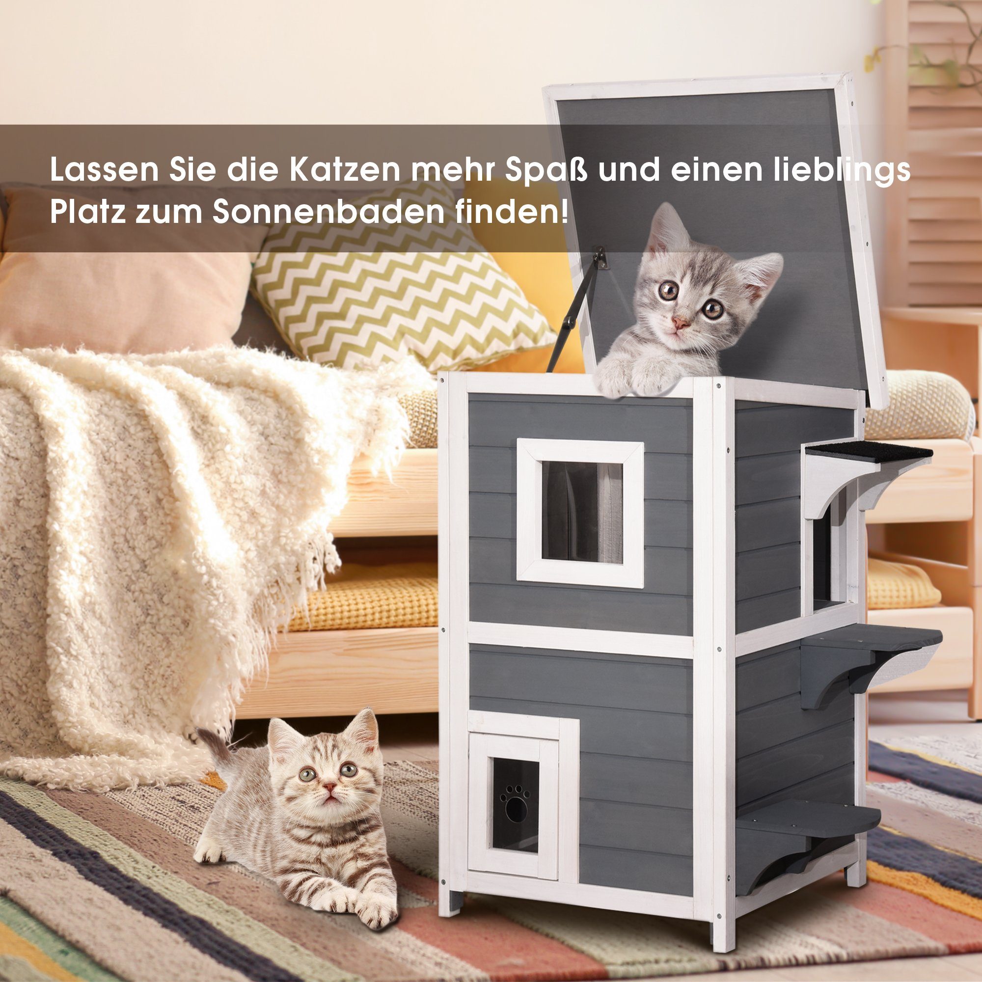 Lovupet Kleintierstall Lovupet Katzenhaus Katzenvilla isoliert Katzenhütte 0508/0509, 2 Etagen Indoor und Outdoor, Wetterfest,Tannenholz