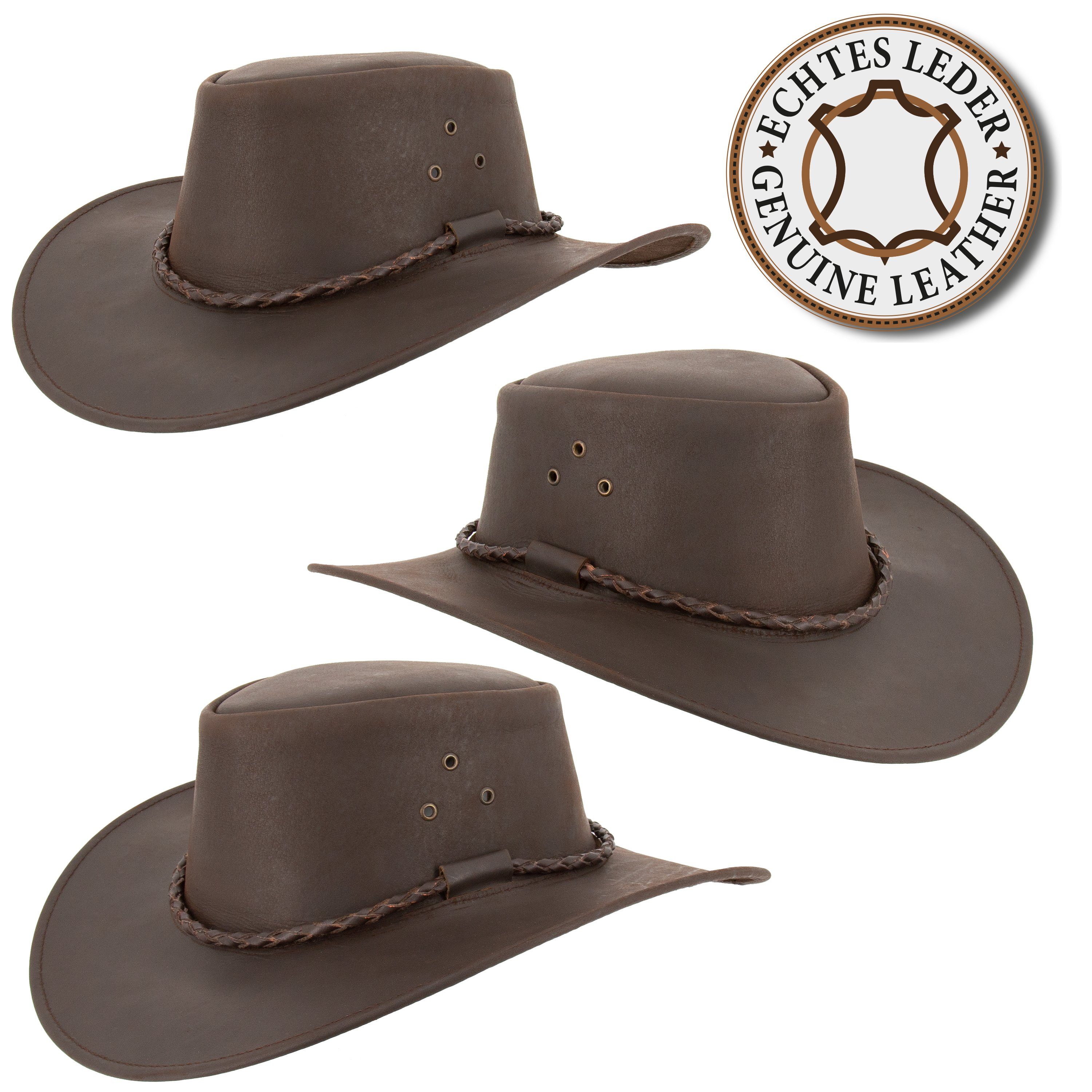 Outbacker Cowboyhut Outdoor Lederhut allwettertauglich mit Kinnband Australien Style Braun
