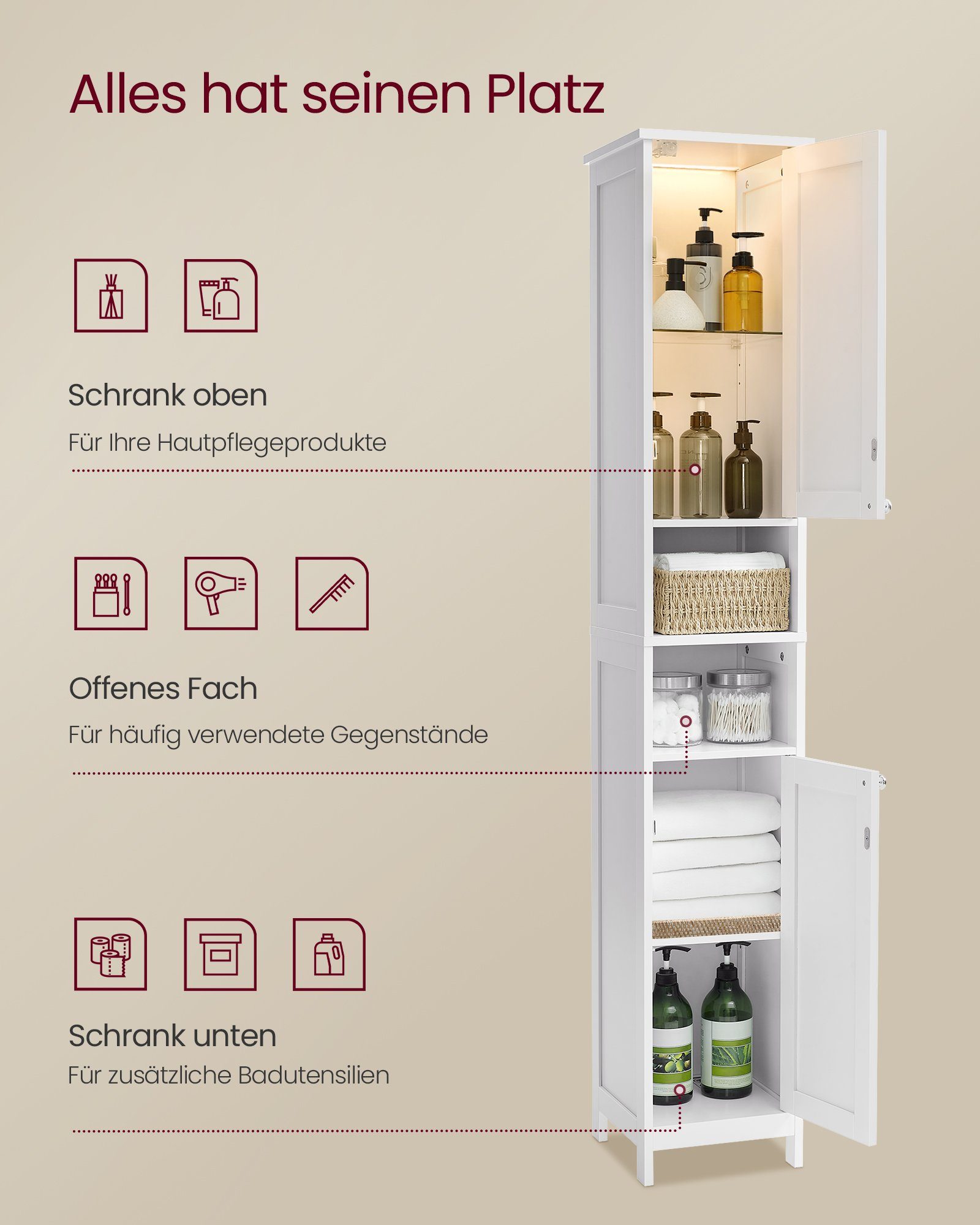 VASAGLE Badkommode, Badezimmerschrank mit Beleuchtung, verstellbaren Ablagen