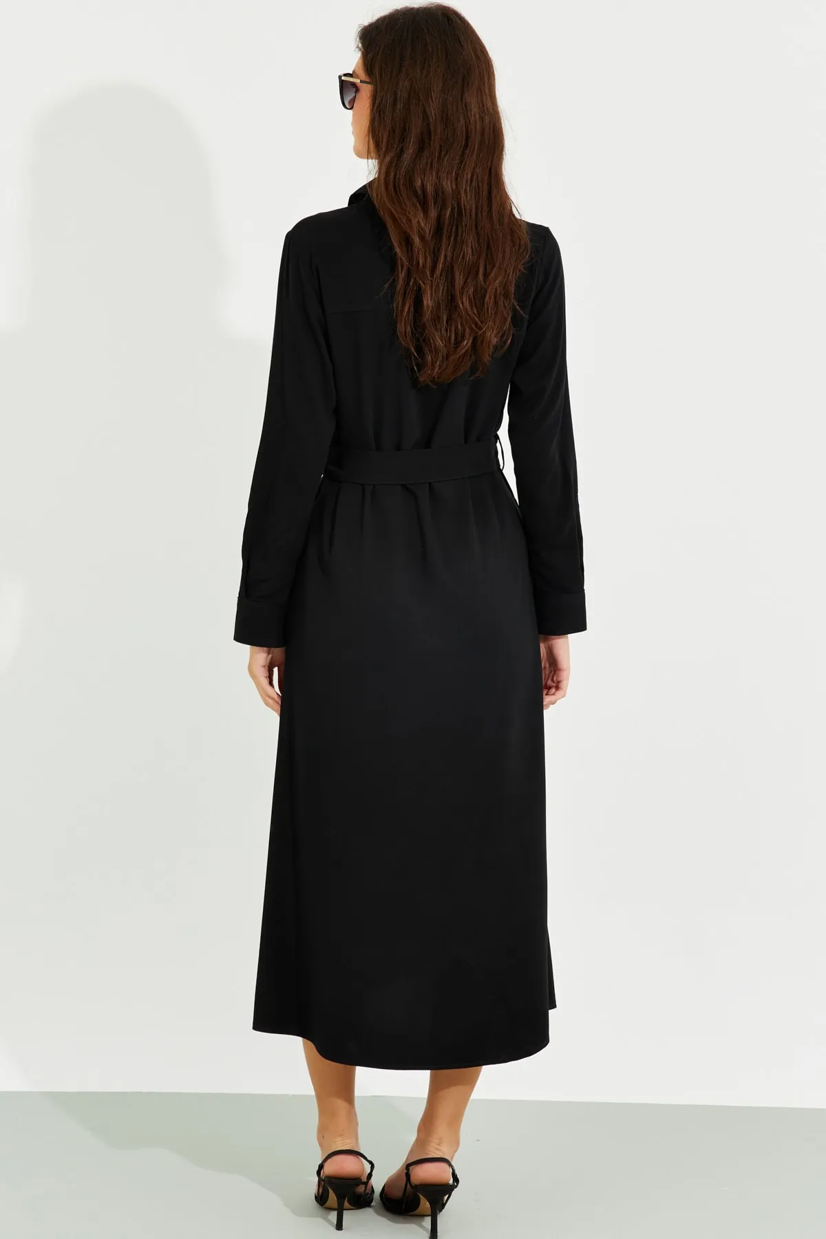 Cool & Sexy  Schwarzes Midi-Hemdkleid mit Tasche für Damen BK1683
