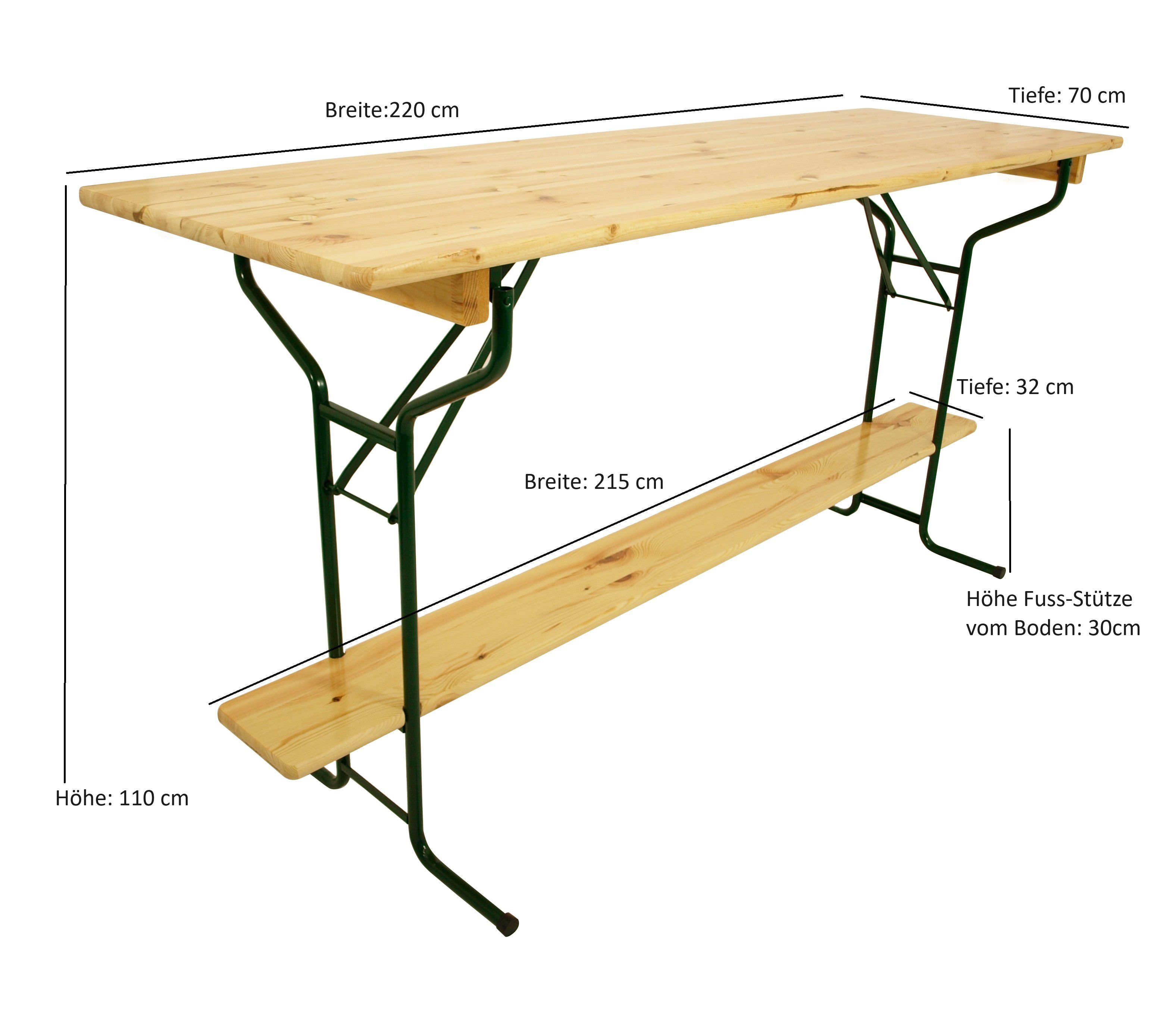 DEGAMO Stehtisch BAMBERG (1-St), 220x70cm, Höhe 110cm, Stahlgestell dunkelgrün, Tischplatte Kiefer