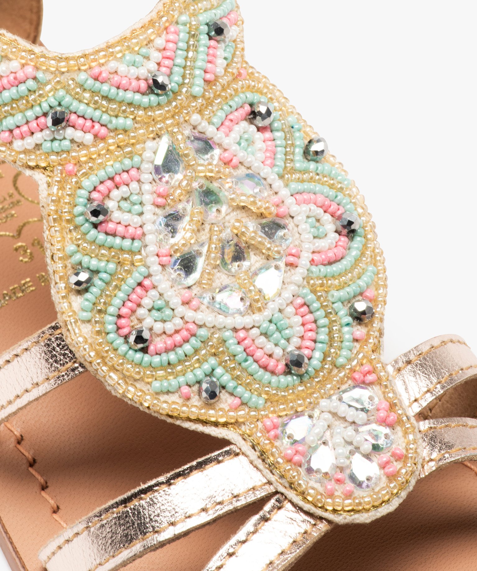 Sandales fille à talon plat et dessus perlé contrefort zippé or | GEMO