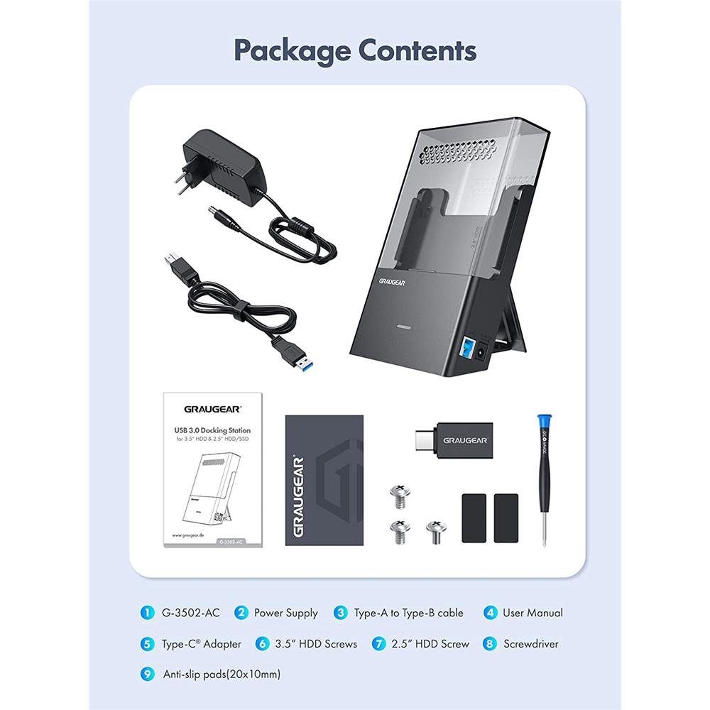 GRAUGEAR Festplatten-Dockingstation G-3502-AC, USB 3.0 Docking Station für 3,5” 2,5“ HDD SSD Festplatten Docks